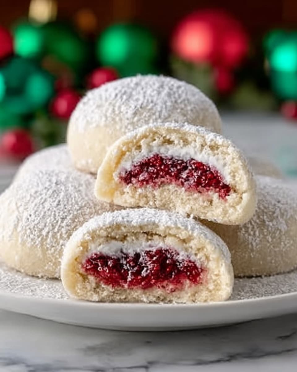 The image shows a close-up of six round cookies arranged on a white plate with a white marbled background. The cookies have a light golden color and are dusted with white powdered sugar on top. One cookie is cut open, revealing three visible layers inside: a thin outer layer of soft, pale dough, a middle layer of creamy white filling, and a thick inner layer of bright red jam with small seeds, giving it a textured look. A woman’s hand is gently holding the cut cookie at the top, showing the filling clearly. photo taken with an iphone --ar 4:5 --v 7