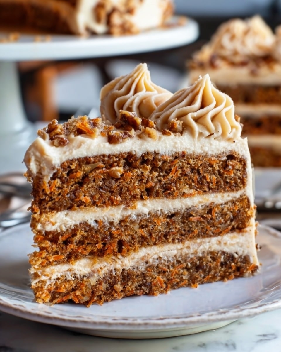 A close-up of a slice of layered cake on a white plate with a scalloped edge, placed on a white marbled surface. The cake has three thick layers of moist brown cake with visible bits inside, separated by two layers of light brown creamy frosting. The top of the cake is covered with more light brown frosting, decorated with swirls and small textured pieces on top that add a crunchy look. The frosting looks smooth and creamy, with a slightly glossy shine. Photo taken with an iphone --ar 4:5 --v 7