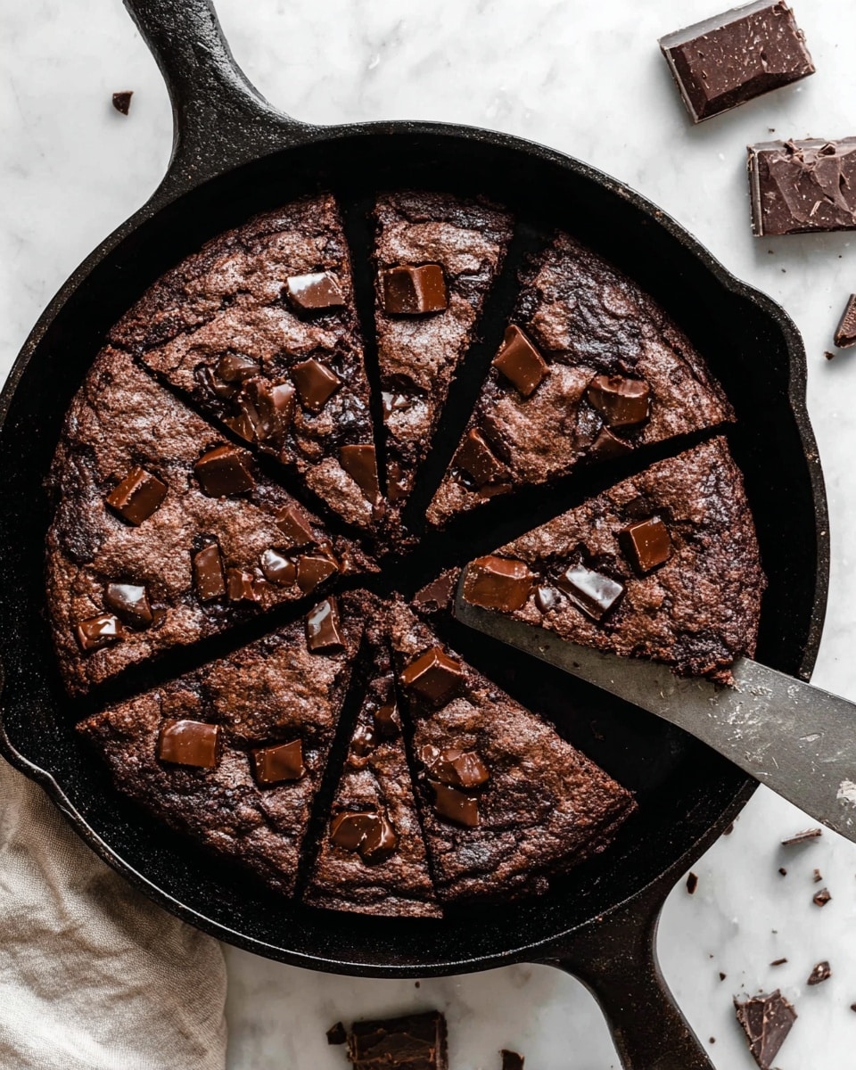 A thick, round chocolate brownie cooked and cut into eight large square pieces inside a black cast iron skillet, with one piece slightly lifted and resting partly out of its spot, showing a dense and moist dark brown texture inside; the top layer is rough and dark with scattered large, shiny chocolate chunks adding texture and shine. The skillet sits on a white marbled surface, near a knife with a black handle and some scattered chocolate squares. Photo taken with an iphone --ar 4:5 --v 7