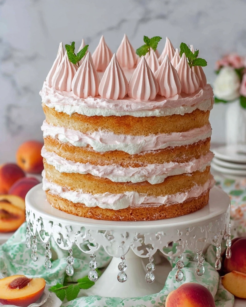 A tall layered cake sits on a white ornate cake stand with hanging crystal decorations. The cake has five layers of golden brown sponge, alternating with four layers of smooth white and pale pink cream. The white cream is thicker and fluffier, while the pink cream is piped in thin, even lines. The top of the cake is decorated with large swirls of pale pink meringue, each with a pointed tip, and a few fresh green mint leaves scattered for color. Around the base of the stand are a few additional pink meringue swirls and chopped peach pieces on the white marbled surface. Background items include whole peaches and a white teacup with floral patterns. photo taken with an iphone --ar 4:5 --v 7