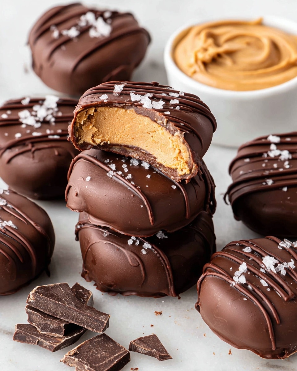 The image shows a stack of three chocolate-covered peanut butter cookies on a white marbled surface. The top cookie is broken in half, revealing a thick, light brown peanut butter center with a smooth texture. The outer layer is a dark, glossy chocolate shell with a few drizzled lines of chocolate on top and small flakes of sea salt sprinkled over it. Around the stack, there are more whole cookies, some chocolate pieces, and a white bowl filled with creamy peanut butter. The scene looks bright and clear. photo taken with an iphone --ar 4:5 --v 7