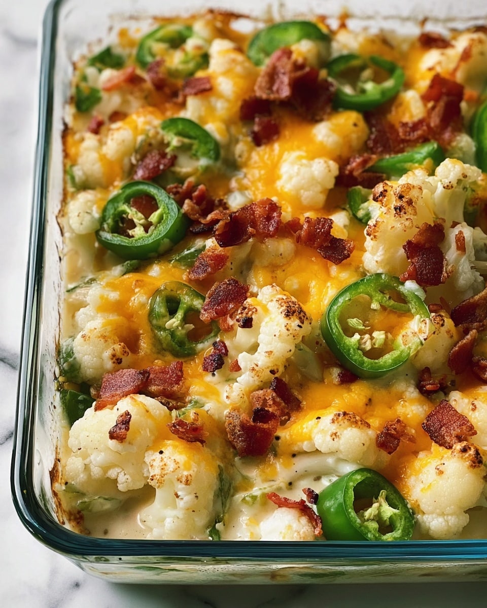 The image shows a close-up of a baked dish in a clear glass square baking dish filled with three main visible layers: the bottom layer is creamy and slightly browned, topped with a thick layer of white cauliflower florets scattered evenly. Interspersed among the cauliflower are bright green slices of jalapeño peppers, some pieces slightly cooked. Melted golden-yellow cheddar cheese is spread on top, partially covering the cauliflower and jalapeño, with a few crispy, dark reddish-brown bacon bits sprinkled across the surface. The edges of the dish show some baked-on cheese and browned bits, all set against a white marbled texture background. photo taken with an iphone --ar 4:5 --v 7