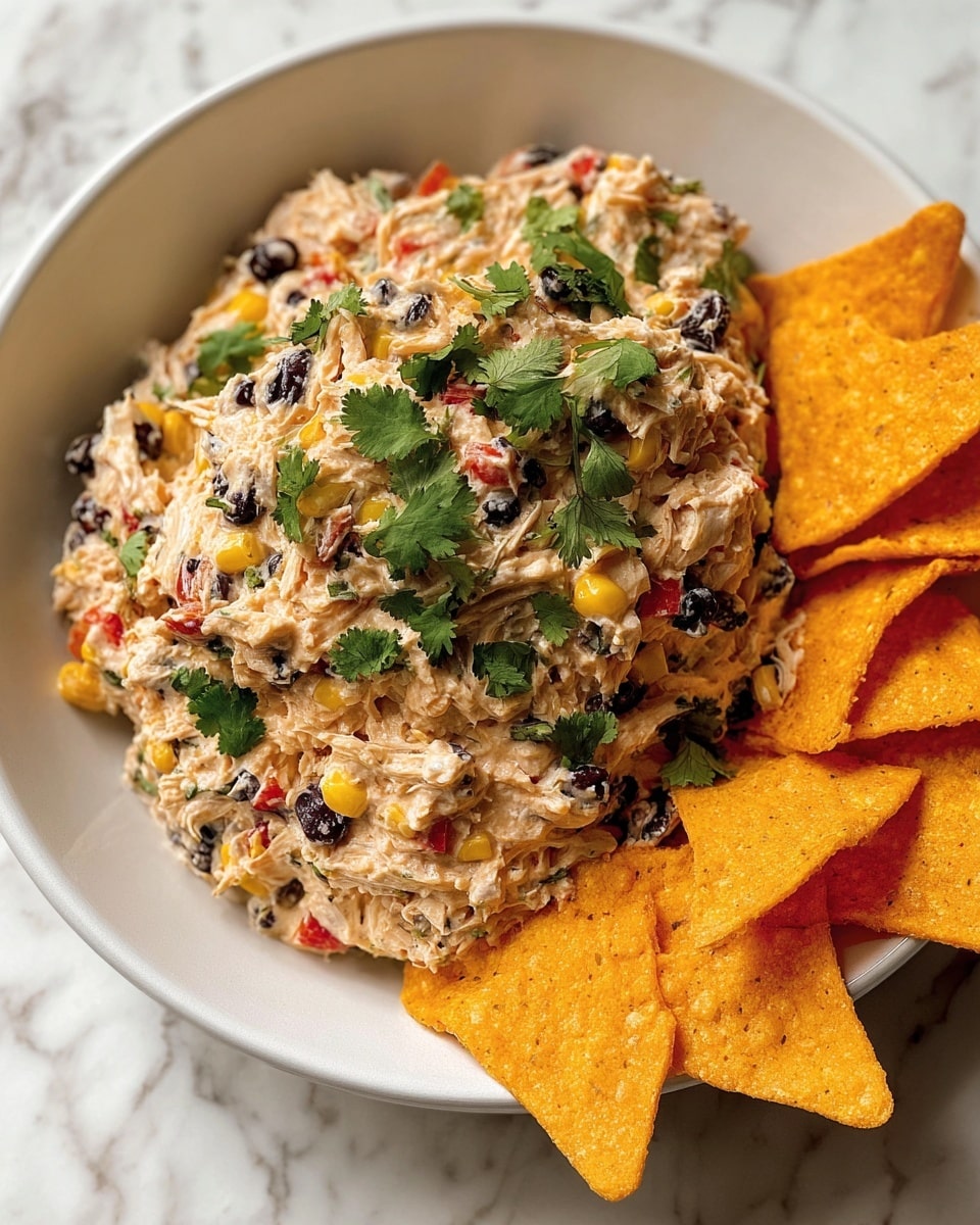 A white bowl holds a creamy dip mixed with black beans, corn kernels, small red bell pepper pieces, and finely chopped green herbs, giving it a speckled look of yellow, black, red, and green against the orange creamy base. The dip is garnished on top with fresh chopped green herbs. On the right side inside the bowl, several yellowish-orange triangular corn chips are placed, partially buried in the dip. The bowl is set on a white marbled surface. photo taken with an iphone --ar 4:5 --v 7