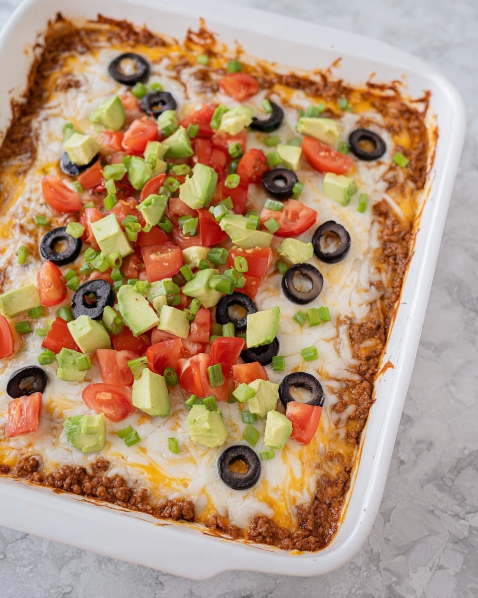 A rectangular white baking dish holds a layered baked casserole with three visible layers: the bottom layer is a browned minced meat sauce, the middle layer is a thick, melted white cheese covering the meat fully with a smooth texture, and the top layer is a mix of fresh diced toppings including black olive slices, green avocado cubes, red tomato chunks, and thinly sliced green onions, spread evenly across the surface. The edges of the dish show some baked-on sauce with a slightly crisp texture near the sides. The dish sits on a white marbled textured surface. photo taken with an iphone --ar 4:5 --v 7