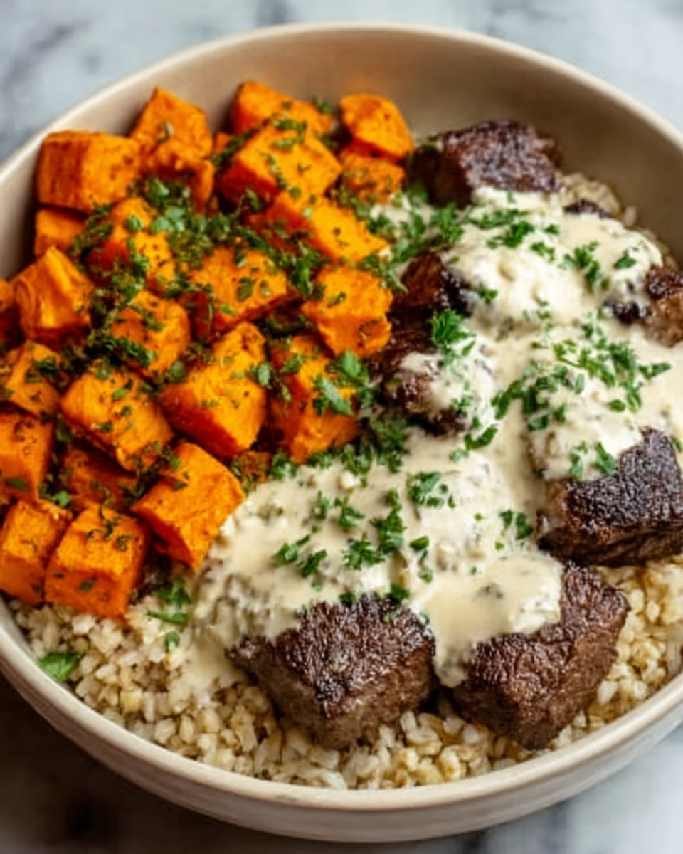The dish is served in a white bowl on a white marbled surface. It has three main layers: on the left, bright orange roasted cubes of squash topped with green herbs; on the right, a layer of cooked grains that look slightly beige and fluffy; on top of the grains, a line of dark brown grilled beef pieces covered unevenly by a creamy white sauce with green herb bits sprinkled over it. The colors contrast well, showing warm orange, neutral beige, dark brown, and fresh green. Photo taken with an iphone --ar 4:5 --v 7