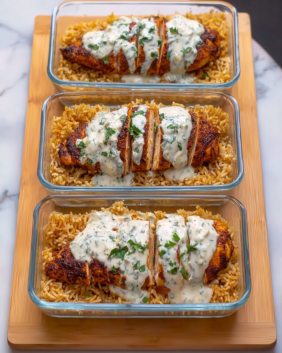 Three clear glass rectangular containers are placed in a straight line on a wooden surface, each filled with a base layer of yellowish-brown rice. On top of the rice in each container lies a piece of seasoned and grilled chicken breast with a rich, dark brown crust. The chicken is partially covered with a creamy white sauce sprinkled with small green herb pieces. The middle container's chicken is sliced into four sections, while the others remain whole. The background is a soft blur with a white marbled texture beneath the wooden surface. photo taken with an iphone --ar 4:5 --v 7