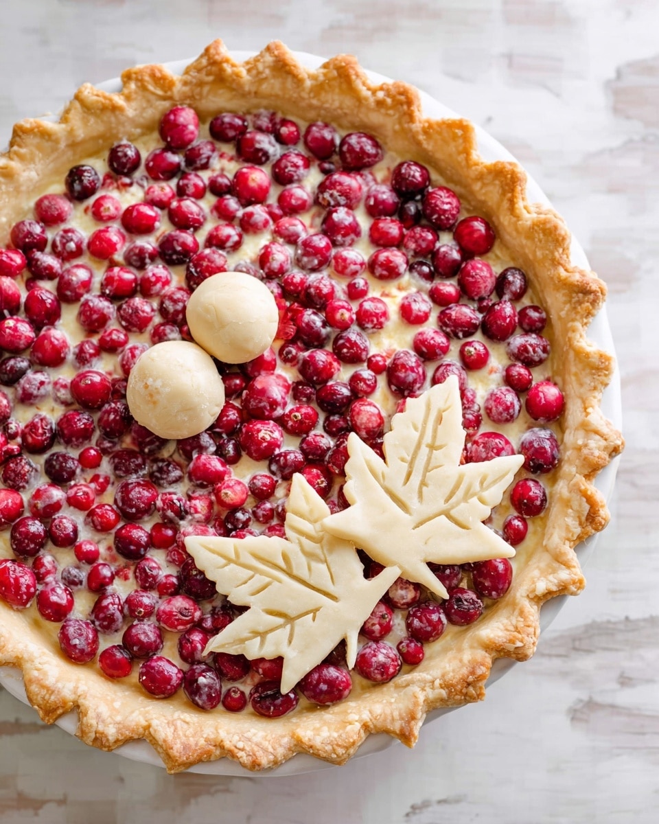 A pie with one visible thick crust layer that is golden brown with fluted edges, filled with a layer of glossy, bright red cranberries mixed with a shiny light glaze that looks slightly bubbly on top. On one side of the pie, there are two small, light golden brown pastry leaves with simple vein details sitting next to three small round pastry balls. The pie is placed on a white plate, which is set on a white marbled surface. Photo taken with an iphone --ar 4:5 --v 7
