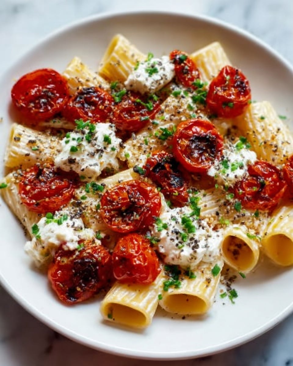 A close-up view of a pasta dish served on a white plate, featuring tube-shaped pasta with a smooth, slightly glossy texture as the base layer. On top, there are whole roasted cherry tomatoes with a deep red, slightly wrinkled skin, some cut in half showing a juicy inside. Dollops of soft white cheese are scattered across, looking creamy and slightly crumbly. The dish is sprinkled with finely chopped green herbs and a light dusting of black pepper and coarse salt, adding contrast and texture. The background is a clean white marbled surface. Photo taken with an iphone --ar 4:5 --v 7