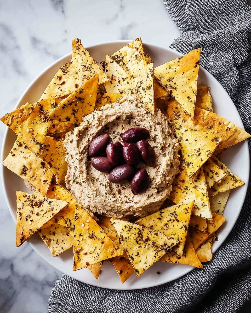 A white round plate on a white marbled texture surface holds a small bowl filled with a creamy, light brown dip topped with dark purple olive slices. Around the bowl, there is a layer of crispy, golden pita chips sprinkled with herbs and spices, arranged evenly in a circle. The pita chips show light browning and some texture from the seasoning. A gray textured cloth is partly visible under the plate on the right side. Photo taken with an iphone --ar 4:5 --v 7