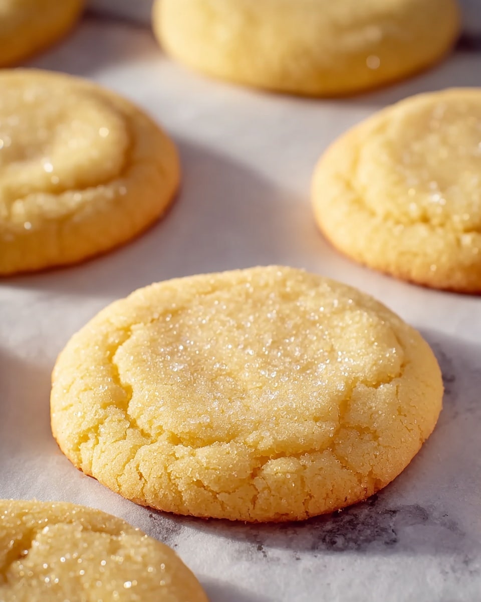 A close-up view of six golden sugar cookies arranged on parchment paper, each cookie with a slightly cracked surface showing a soft, chewy texture; the cookies are sprinkled lightly with granulated sugar crystals that catch the light, creating a subtle sparkle; the edges are gently browned with a soft center, and the entire scene is set on a white marbled surface softly lit by natural light, emphasizing the warm and inviting color of the cookies; photo taken with an iphone --ar 4:5 --v 7