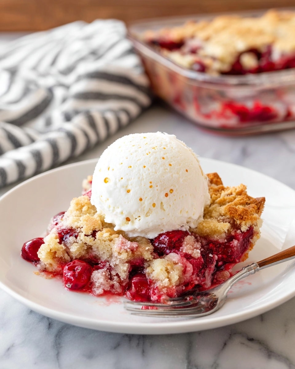 A white plate holds a single serving of a three-layer dessert: the bottom layer is made of bright red cranberries mixed with a soft, slightly crumbly beige cake layer above it; the top layer is a golden-brown baked crust with some cranberries peeking through. On top of the dessert sits a large scoop of creamy white vanilla ice cream speckled with tiny black vanilla bean dots, adding a smooth texture contrast. The plate is placed on a wooden table, and in the background, there is a clear glass round baking dish with the rest of the dessert visible. Photo taken with an iphone --ar 4:5 --v 7