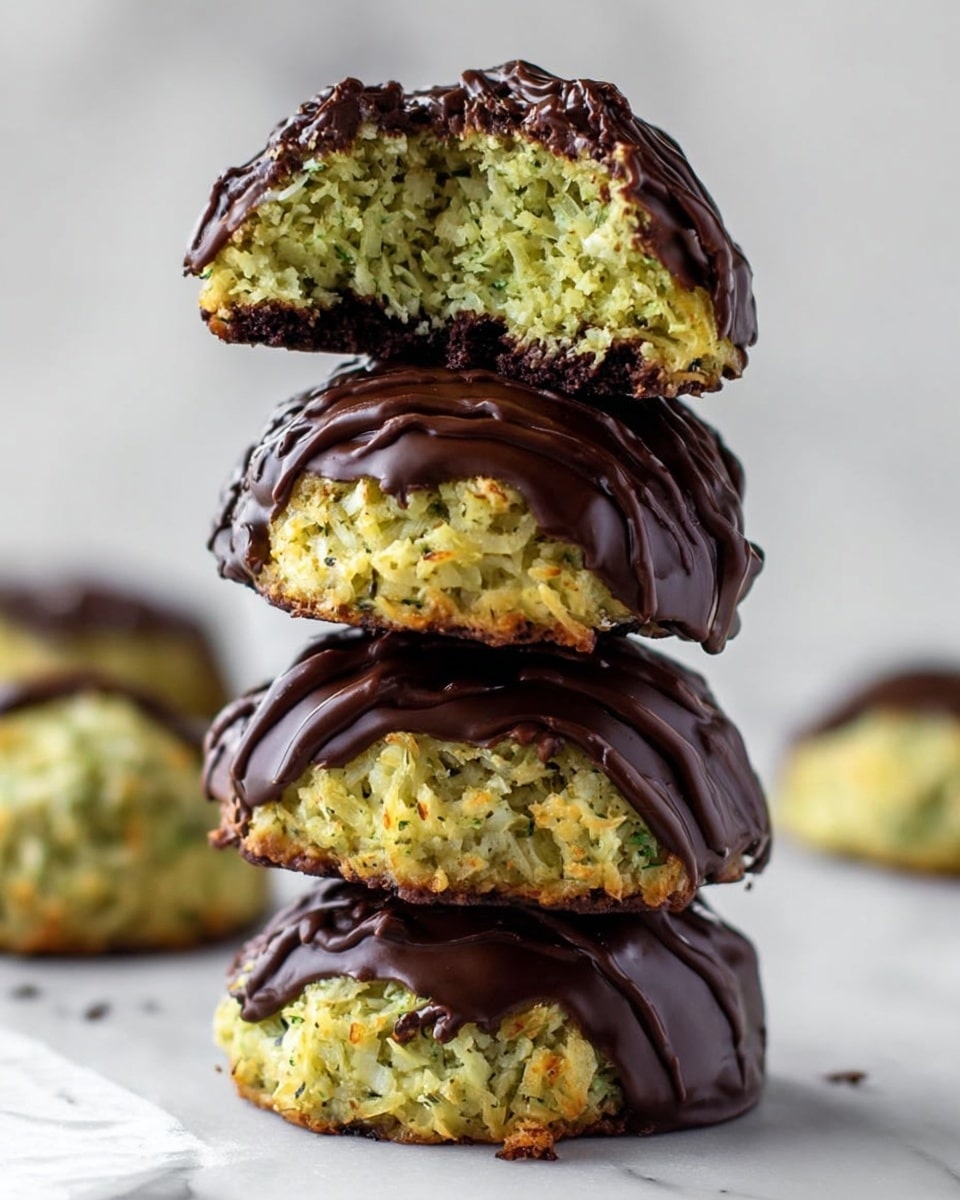A stack of four round coconut treats is shown on a white marbled surface. Each treat has a rough texture with pale yellow shredded coconut forming the main body. The bottom half of each treat is coated in smooth, dark brown chocolate. Thin, dark chocolate drizzles run vertically over the top of each treat, creating a striped effect. The top treat is cut in half, displaying the dense, shredded coconut interior. Photo taken with an iphone --ar 4:5 --v 7