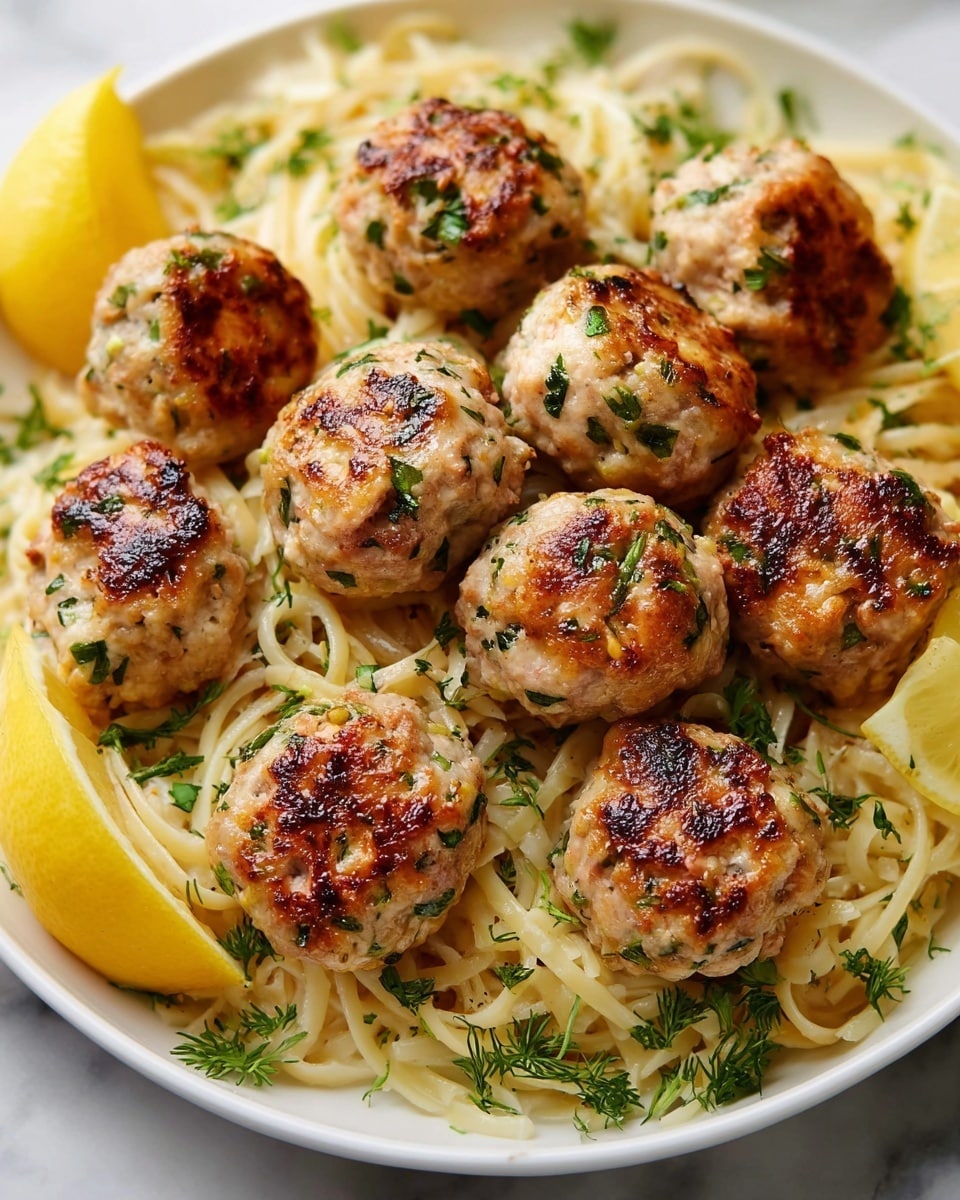 A close-up of a white bowl filled with light golden-brown grilled chicken meatballs that have a slightly crispy texture and are speckled with small green herbs. The meatballs sit on top of pale yellow cooked orzo pasta, with sprigs of fresh green dill scattered around. There are also slices of bright yellow lemon tucked around the edges of the bowl. The background is a white marbled texture. photo taken with an iphone --ar 4:5 --v 7
