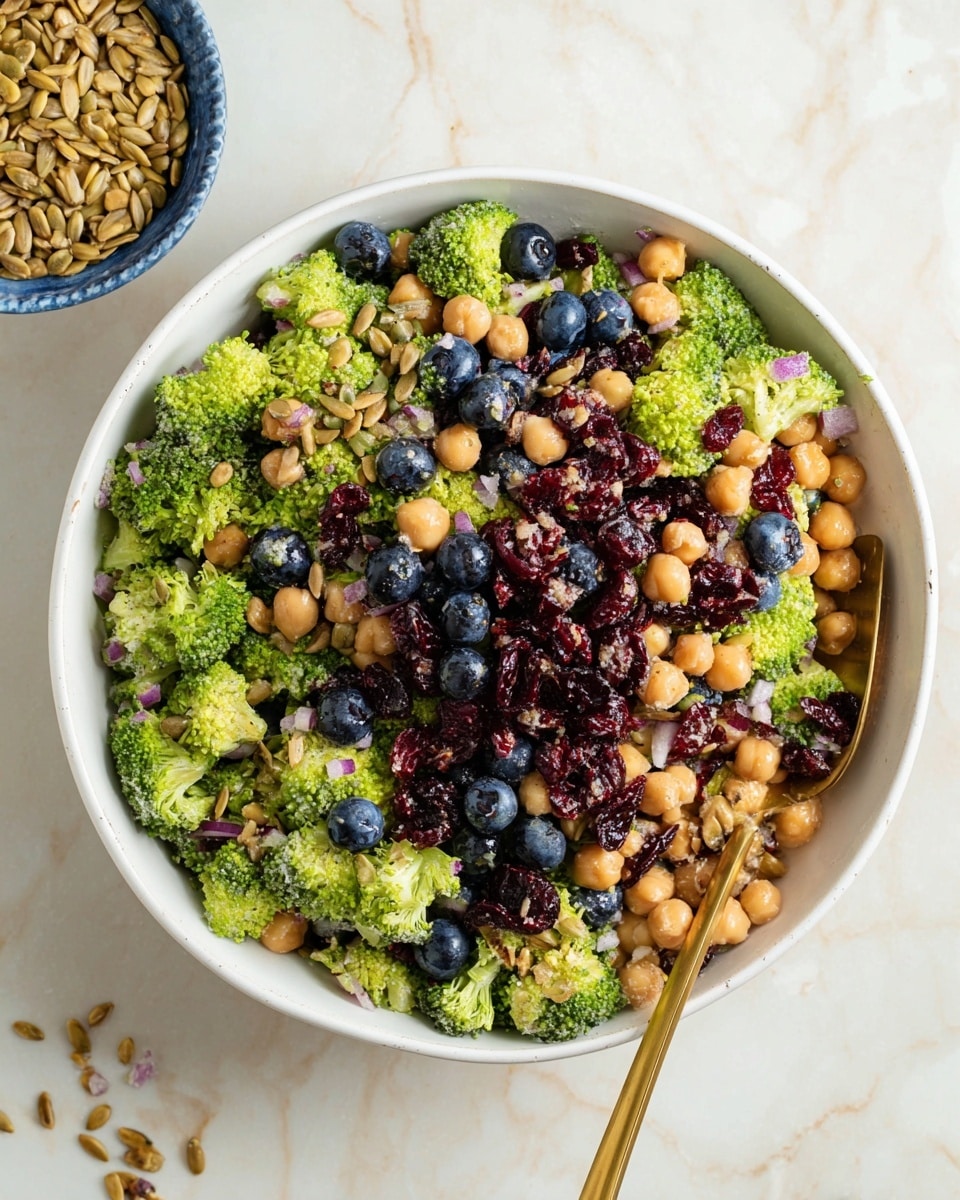A white bowl filled with a colorful salad shows a mix of three main layers: the base layer is light green broccoli florets with a fresh, chunky texture; the second layer is beige chickpeas scattered throughout, giving a round, smooth look; the third layer includes dark blue blueberries and small, deep red dried cranberries dotting the salad, adding bursts of color. On top, light brown sunflower seeds are sprinkled evenly. A thin layer of finely chopped red onion adds specks of pale purple. A gold spoon rests inside the bowl on the right side. In the top left corner of the image, a small white bowl contains sunflower seeds on a white marbled textured surface. Photo taken with an iphone --ar 4:5 --v 7