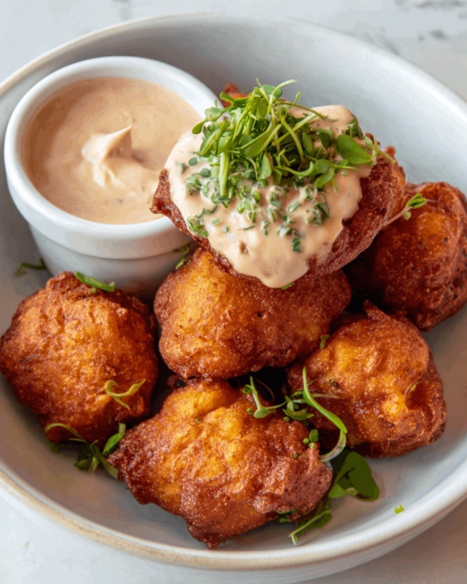 A white bowl filled with several golden-brown, crispy fried cauliflower pieces, each piece showing a rough, crunchy texture. On top of the cauliflower, there is a thick dollop of creamy sauce with a pale pink color and a smooth texture, garnished with a small green herb leaf. Next to the cauliflower inside the bowl, there is a small white dish filled with the same creamy pink sauce, also topped with a small green herb leaf. The bowl is placed on a white marbled surface. Photo taken with an iphone --ar 4:5 --v 7