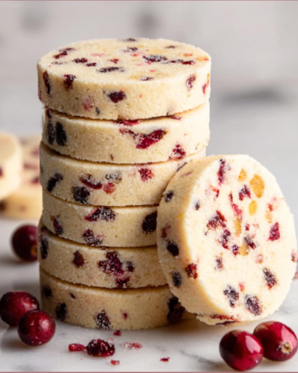 A stack of seven round shortbread cookies with visible red cranberries and small bits of dark chocolate throughout each cookie. The cookies have a pale golden color with a crumbly texture, and the top cookie shows some tiny orange zest pieces. One cookie leans against the stack on the right side, resting on a white marbled surface. There are a few whole red cranberries scattered around the base of the stack. The background is softly blurred, focusing the view on the cookies. photo taken with an iphone --ar 4:5 --v 7