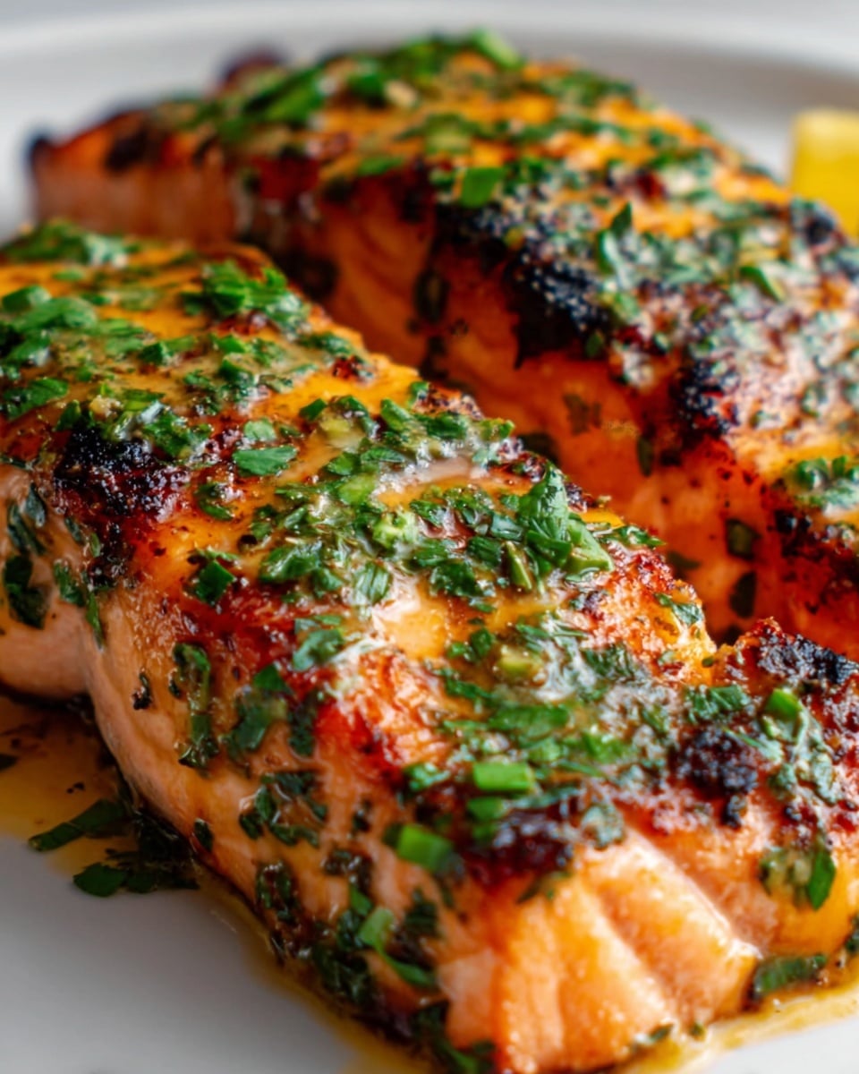 The dish shows several thick pieces of grilled salmon with a golden-brown crust. Each piece is topped with a shiny yellow-orange sauce that looks smooth and creamy, and small green chopped herbs sprinkled on top add color contrast. The salmon’s grilled edges are slightly dark with a textured, crisp look, while the inside appears moist and soft. The pieces are stacked closely together on a white plate. The background is a white marbled texture. photo taken with an iphone --ar 4:5 --v 7