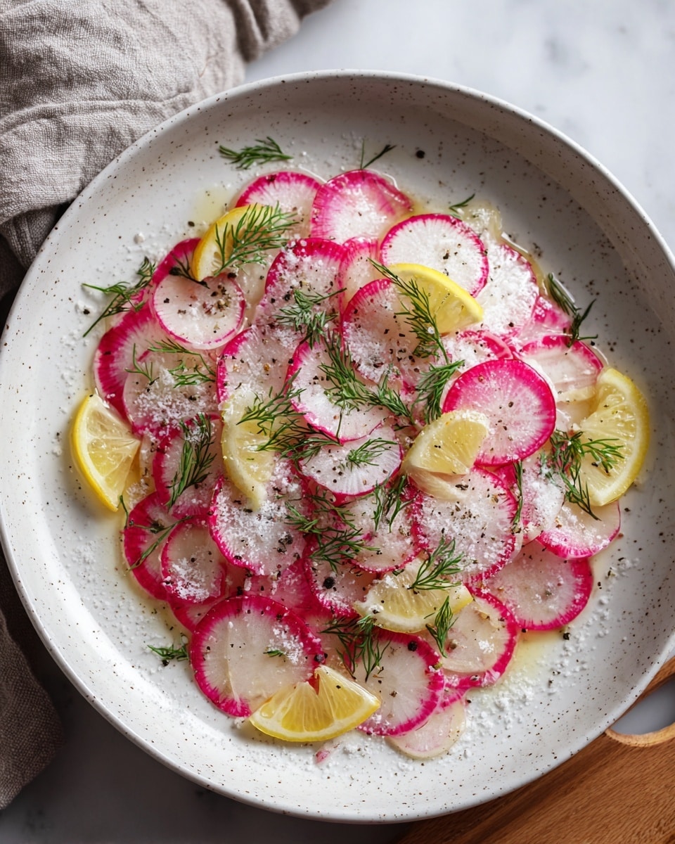 A white speckled plate holds thin, round slices of radish with bright pink edges and white centers, layered evenly to cover the plate. On top of the radishes are small pieces of lemon wedges, adding a pale yellow color. Fresh green dill sprigs are scattered throughout, along with coarse sea salt crystals and small black pepper flakes sprinkled across the dish. The plate is placed on a white marbled surface with a folded gray cloth visible in the corner. photo taken with an iphone --ar 4:5 --v 7