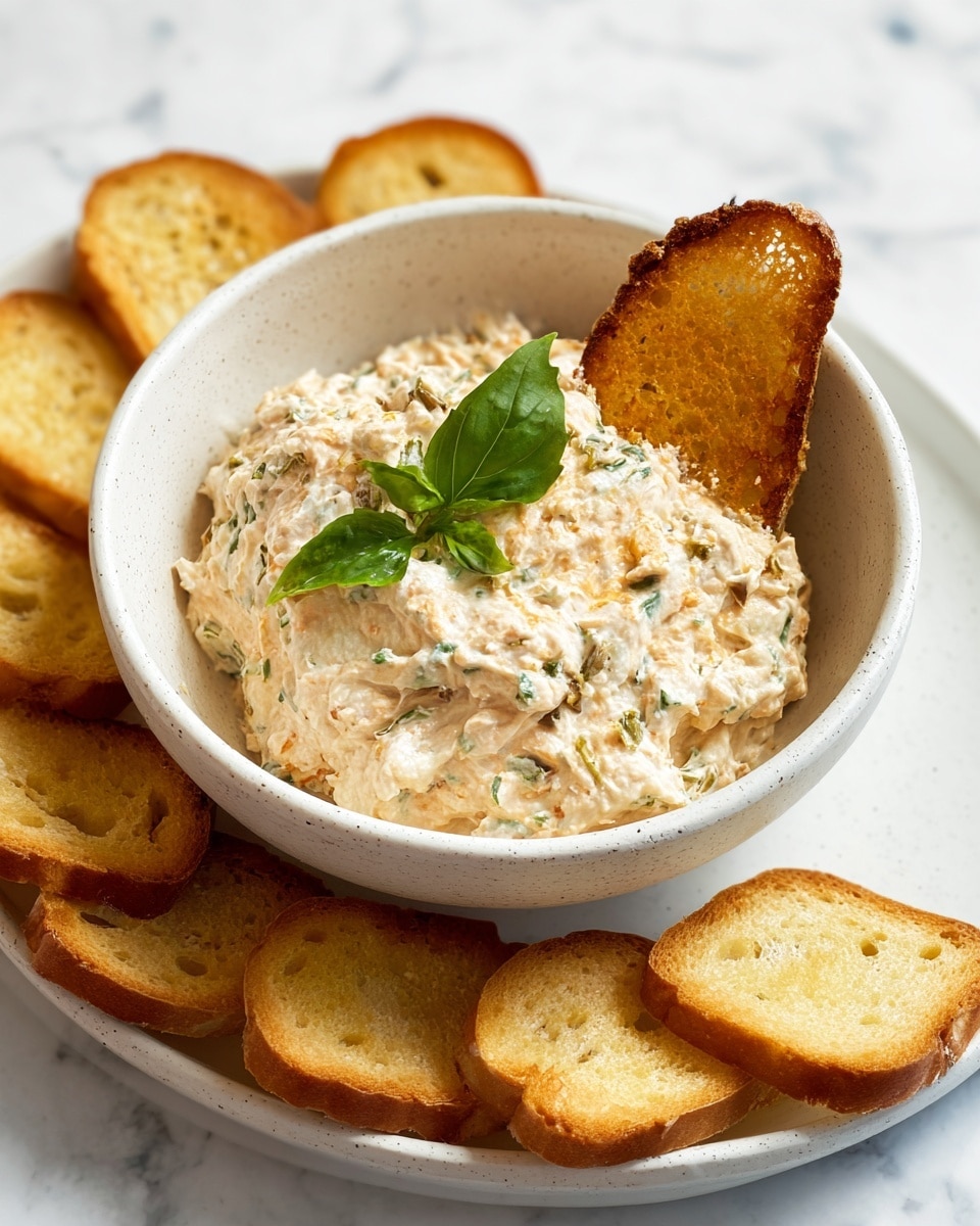The image shows a white speckled bowl filled with a creamy, light beige dip mixed with small green and dark flecks. A fresh green basil leaf garnishes the top left side of the dip. The bowl sits on a white plate arranged with several slices of golden toasted baguette around its edge. One toast piece is partially dipped into the creamy spread on the right side of the bowl. The whole setup is placed on a white marbled surface. photo taken with an iphone --ar 4:5 --v 7