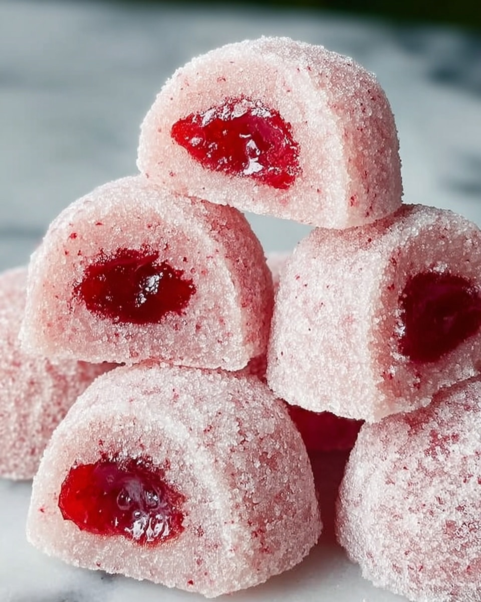 The image shows a close-up of three soft, round sweets stacked in a pyramid shape. Each sweet has one visible cut side, revealing a pale pink, grainy texture with a few small, deep red spots inside. The outer layer is slightly dusted with a white powdery coating, giving a frosty look. The background is a white marbled texture, softly blurred to keep focus on the sweets. Photo taken with an iphone --ar 4:5 --v 7