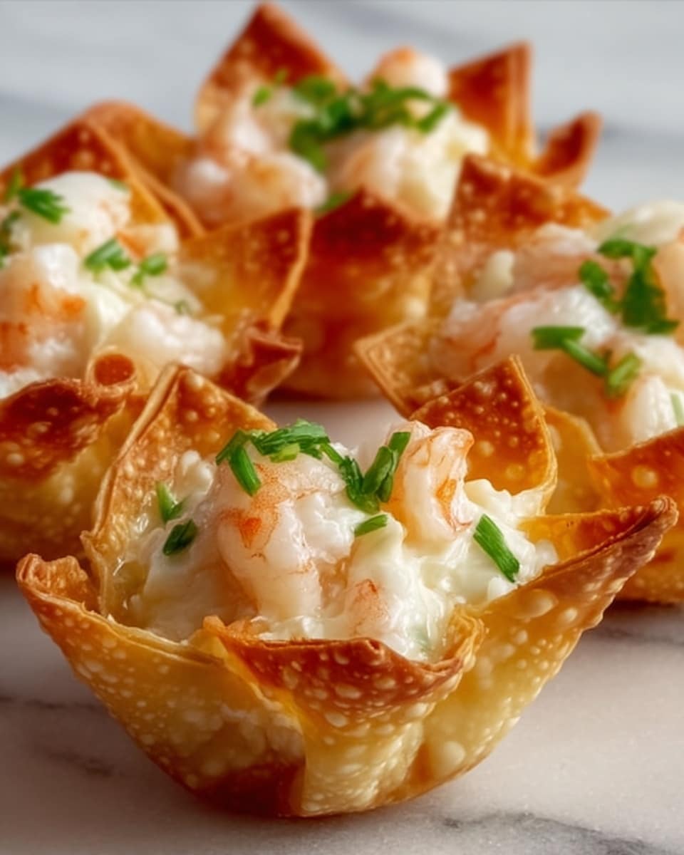 The image shows a close-up of five golden, crispy wonton cups filled with a creamy white mixture and topped with small shrimp and chopped green herbs. The wonton cups have a crunchy texture with slightly curled edges, and the filling looks smooth and creamy. Each cup is sitting on a white marbled surface, and the light catches the shiny shrimp and fresh herbs, making the dish look fresh and inviting. The focus is tight on the wonton cups, showing their detailed textures clearly. photo taken with an iphone --ar 4:5 --v 7