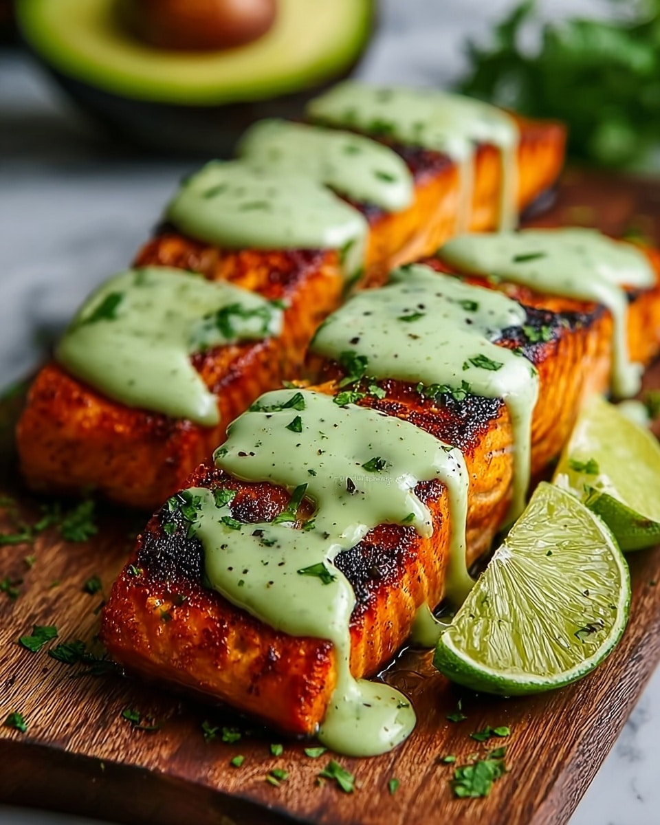Two rows of grilled salmon pieces sit on a wooden board, each piece showing a deep orange color with a charred, crispy brown crust on the outside. A light green creamy sauce is drizzled generously over the top of each salmon piece in thick lines, sprinkled with finely chopped fresh herbs. To the right of the salmon, there are two halves of a lime with a glossy, juicy interior. In the blurred background, a halved avocado is visible along with a dark setting that is replaced by a white marbled texture. photo taken with an iphone --ar 4:5 --v 7