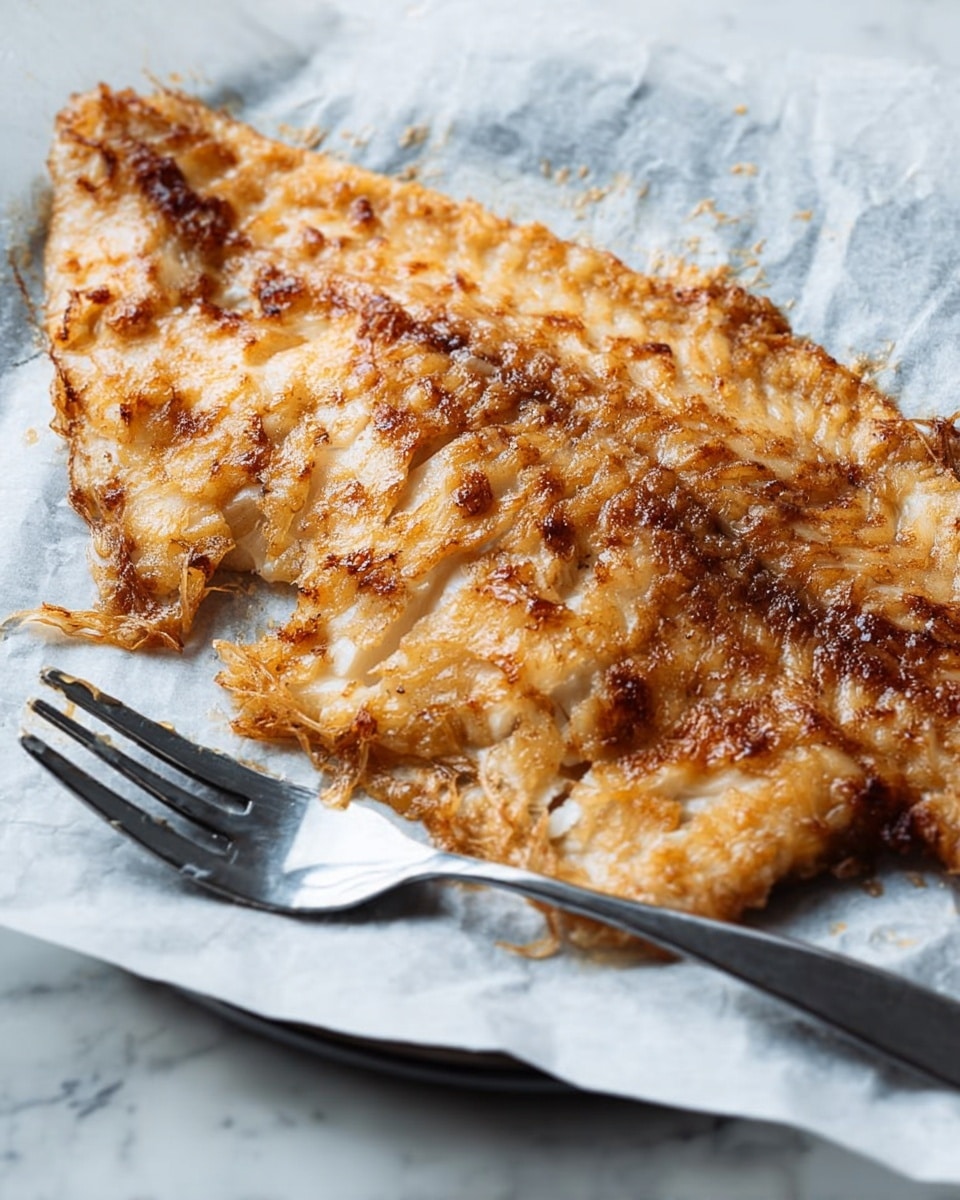 The image shows a single flapjack bar lying on crumpled baking paper. The flapjack has a golden-brown, slightly glossy texture with visible rolled oats giving it a rough surface. It is roughly rectangular, with edges that are uneven and a bit crispy. A shiny silver fork lies beside it on the white baking paper. The background has a white marbled texture. Photo taken with an iphone --ar 4:5 --v 7