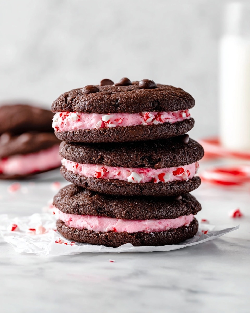 A stack of three dark chocolate cookies with a rough texture and chocolate chips on top, each sandwiching a thick layer of bright pink creamy filling mixed with small white and red pieces that look like crushed candy canes. The stack sits on white parchment paper on a white marbled surface, with some crushed candy pieces scattered around. In the background, there's a clear glass of milk and a blurred peppermints on the same white marbled surface. photo taken with an iphone --ar 4:5 --v 7