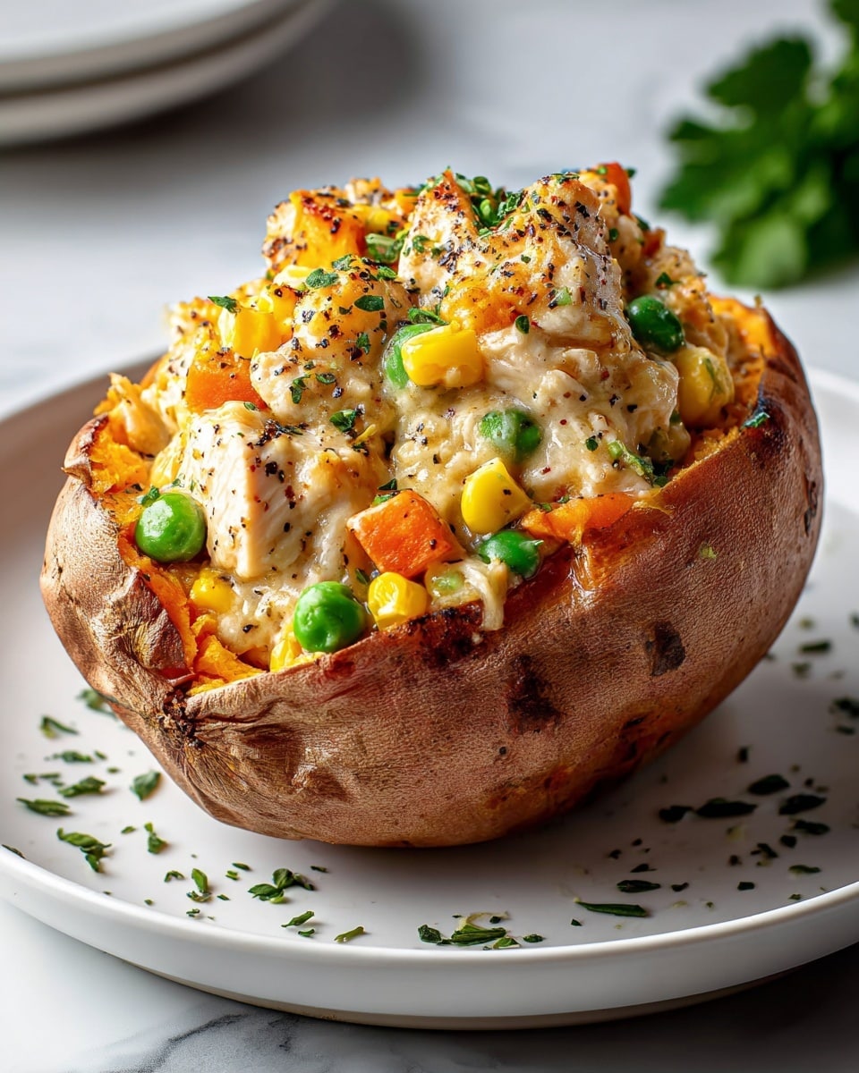 A round, brown sweet potato is cut open and filled with a creamy mixture of diced chicken, bright yellow corn, green peas, and orange carrot cubes. The filling is thick and slightly browned on top, showing small charred spots and a sprinkling of green herbs. The sweet potato flesh is smooth and vibrant orange, contrasting with the chunky, colorful filling. It sits on a clean, white plate with small bits of herbs scattered around it, placed on a white marbled surface. photo taken with an iphone --ar 4:5 --v 7