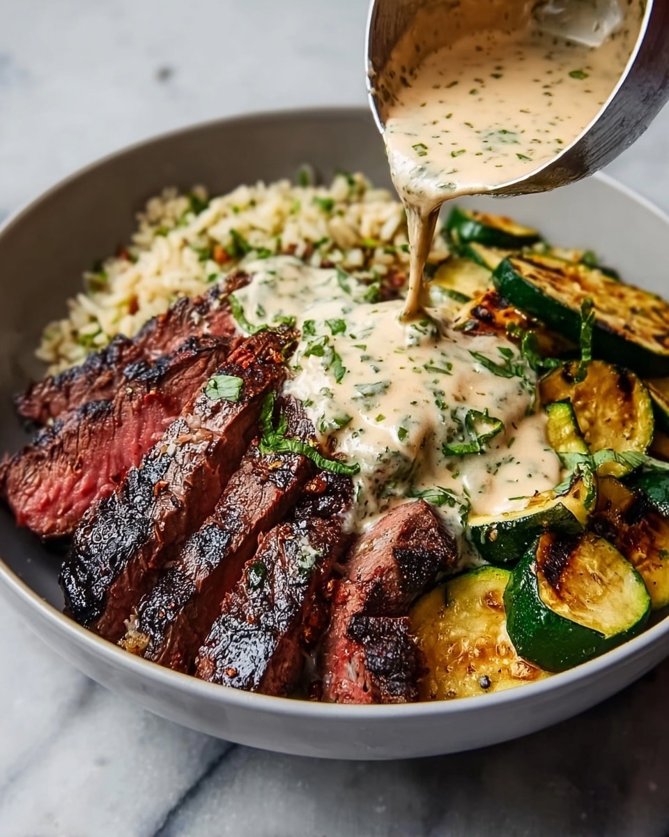 A close-up view of a white bowl filled with food on a white marbled surface. The bowl has three main parts: On the left, there are several slices of grilled steak, showing a dark brown, slightly charred outside and pink, juicy inside. In the middle, creamy sauce with herbs is being poured over the steak, light beige in color with green bits scattered inside. On the right side, grilled round zucchini slices, colored green with brown grill marks and small green herb pieces, are piled next to the steak. The textures range from the smooth sauce to the charred meat and soft vegetables. Photo taken with an iphone --ar 4:5 --v 7