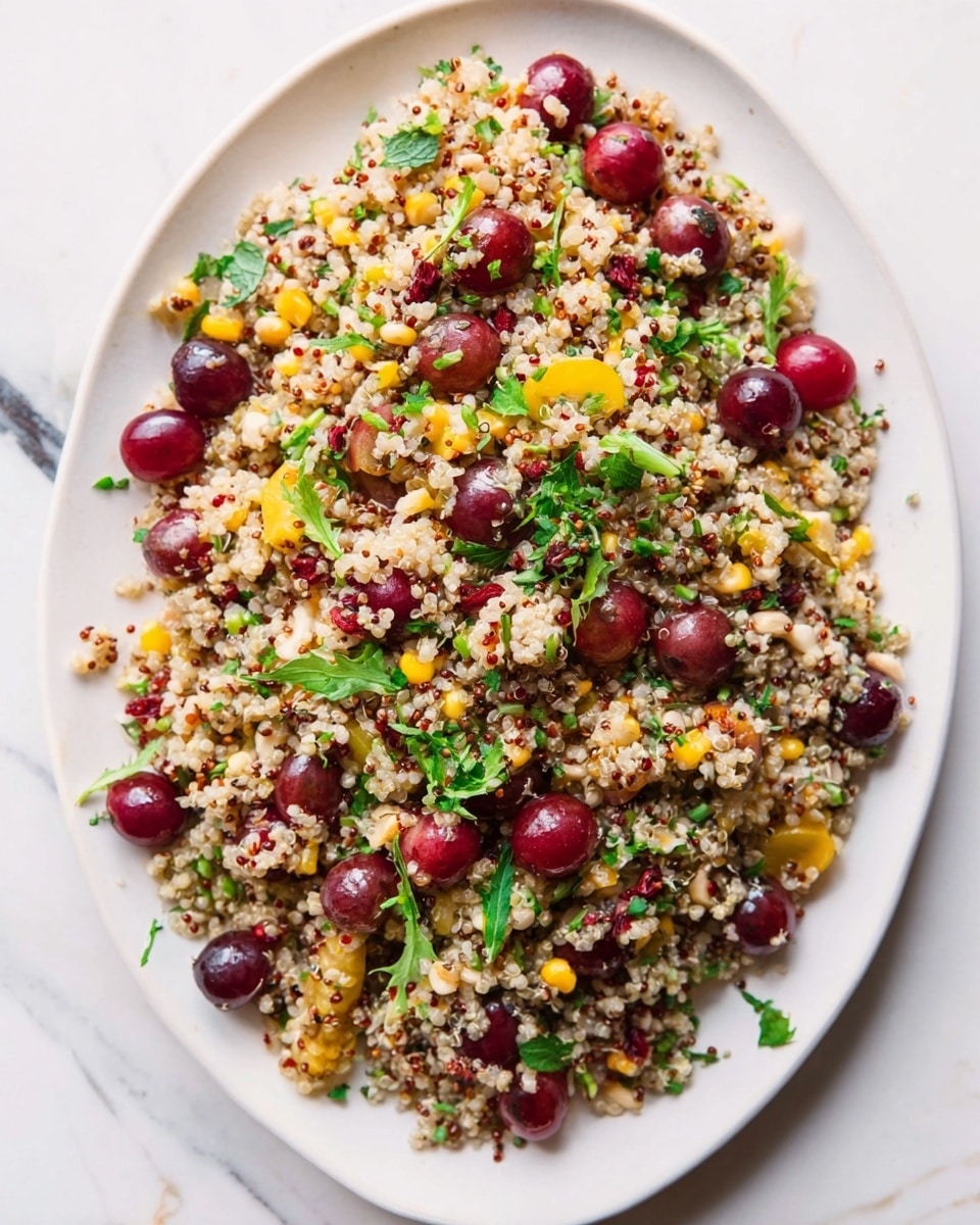 A white oval plate sits on a white marbled surface, filled with a colorful quinoa salad made of small beige quinoa grains mixed with deep red cherries, bright yellow mango pieces, and dark green parsley leaves scattered on top. The texture looks light and fluffy with juicy fruit pieces adding color pops. The salad covers the whole plate evenly, with some parsley leaves placed decoratively around the edges. photo taken with an iphone --ar 4:5 --v 7