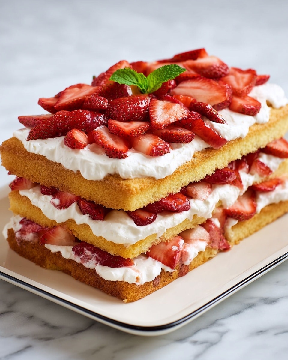 A two-layer square cake sits on a white rectangular plate with a thin dark rim, placed on a white marbled surface. The bottom layer is a golden sponge cake with visible slices of fresh red strawberries and white whipped cream peeking out from the sides. The top layer is another golden sponge cake, slightly thicker, covered with a thick spread of white whipped cream, topped generously with halved and sliced fresh strawberries in bright red color. A small sprig of green mint decorates the center of the strawberry topping. In the foreground, the edge of a white plate and a fork can be seen. photo taken with an iphone --ar 4:5 --v 7