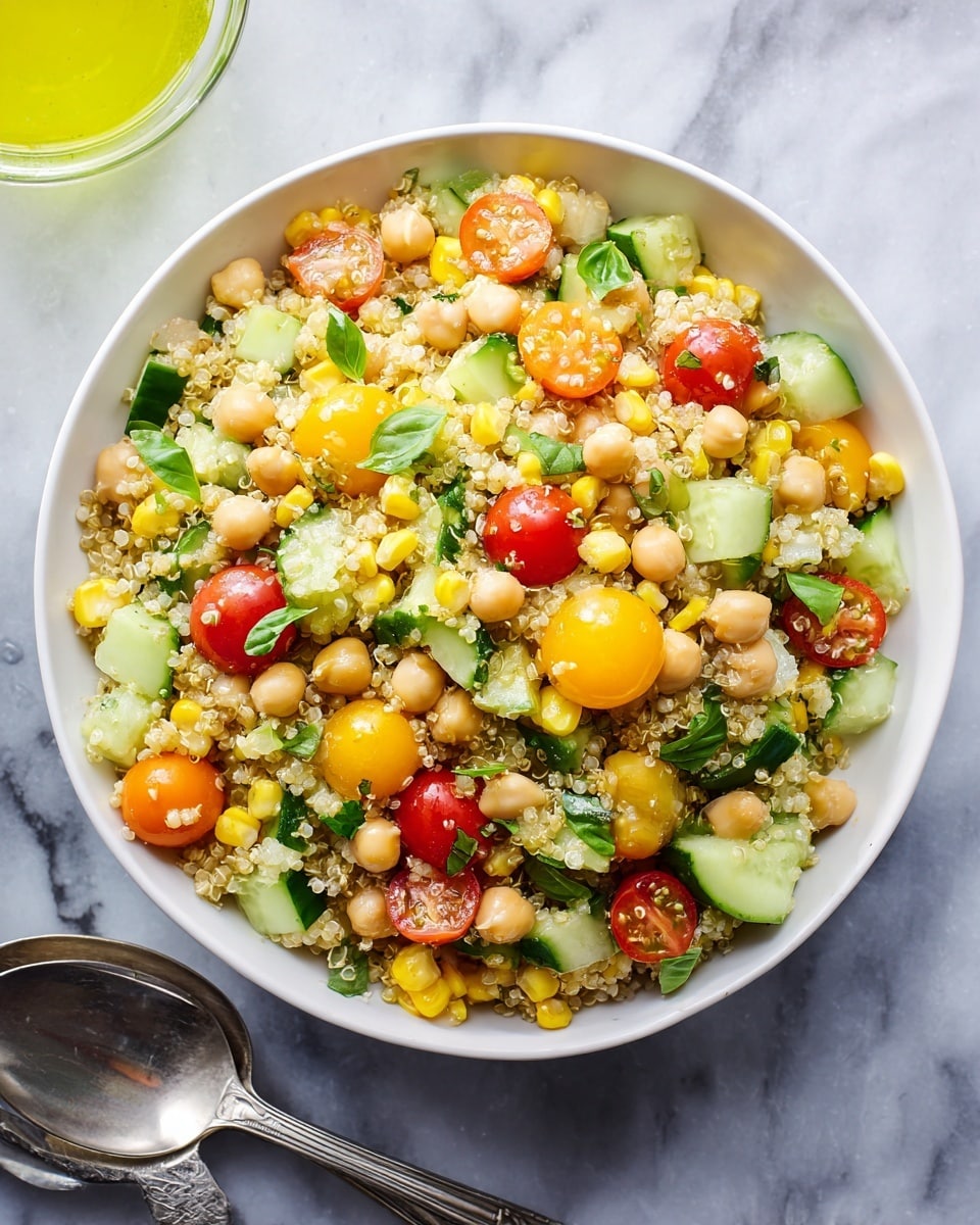 A bowl filled with a colorful quinoa salad made of three main layers: the base layer is small, fluffy, white quinoa grains; the middle layer consists of bright yellow corn kernels and beige chickpeas scattered evenly throughout; the top layer shows chunks of green cucumber, red and yellow cherry tomato halves, and fresh torn green basil leaves spread over the salad. The bowl is white and placed on a white marbled surface, with two silver spoons beside it and a small bowl of green dressing in the upper left corner. Photo taken with an iphone --ar 4:5 --v 7