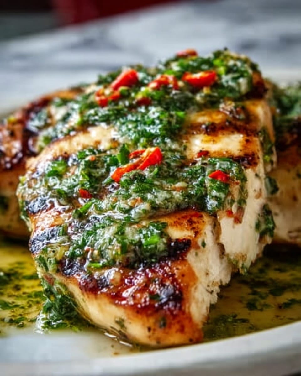 A grilled piece of fish with visible char marks and a golden-brown crust is topped with a green sauce made of chopped herbs and small red chili pieces, spread evenly over the surface. The fish has a flaky texture, and the sauce looks slightly oily with a fresh, chunky feel from the herbs. The background is a white marbled texture. Photo taken with an iphone --ar 4:5 --v 7
