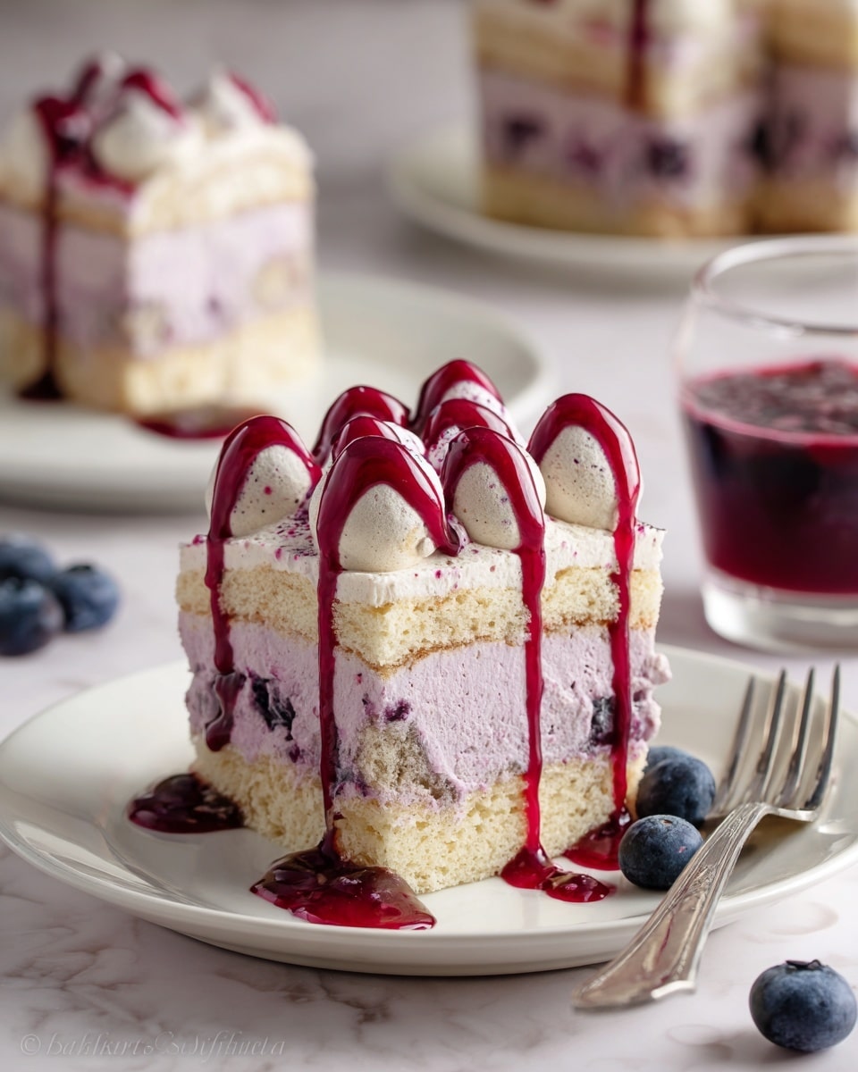 The dessert is a square slice with three layers of light beige sponge cake separated by two thick layers of pale purple cream. On top, there are six dollops of the same pale purple cream, each drizzled with a dark purple berry sauce that also runs down the sides and pools on the white plate underneath. The slice sits on a white marbled surface, surrounded by fresh blueberries and a silver fork to the right. In the background, there is a matching slice on another white plate and a glass bowl filled with the dark purple sauce. Photo taken with an iphone --ar 4:5 --v 7