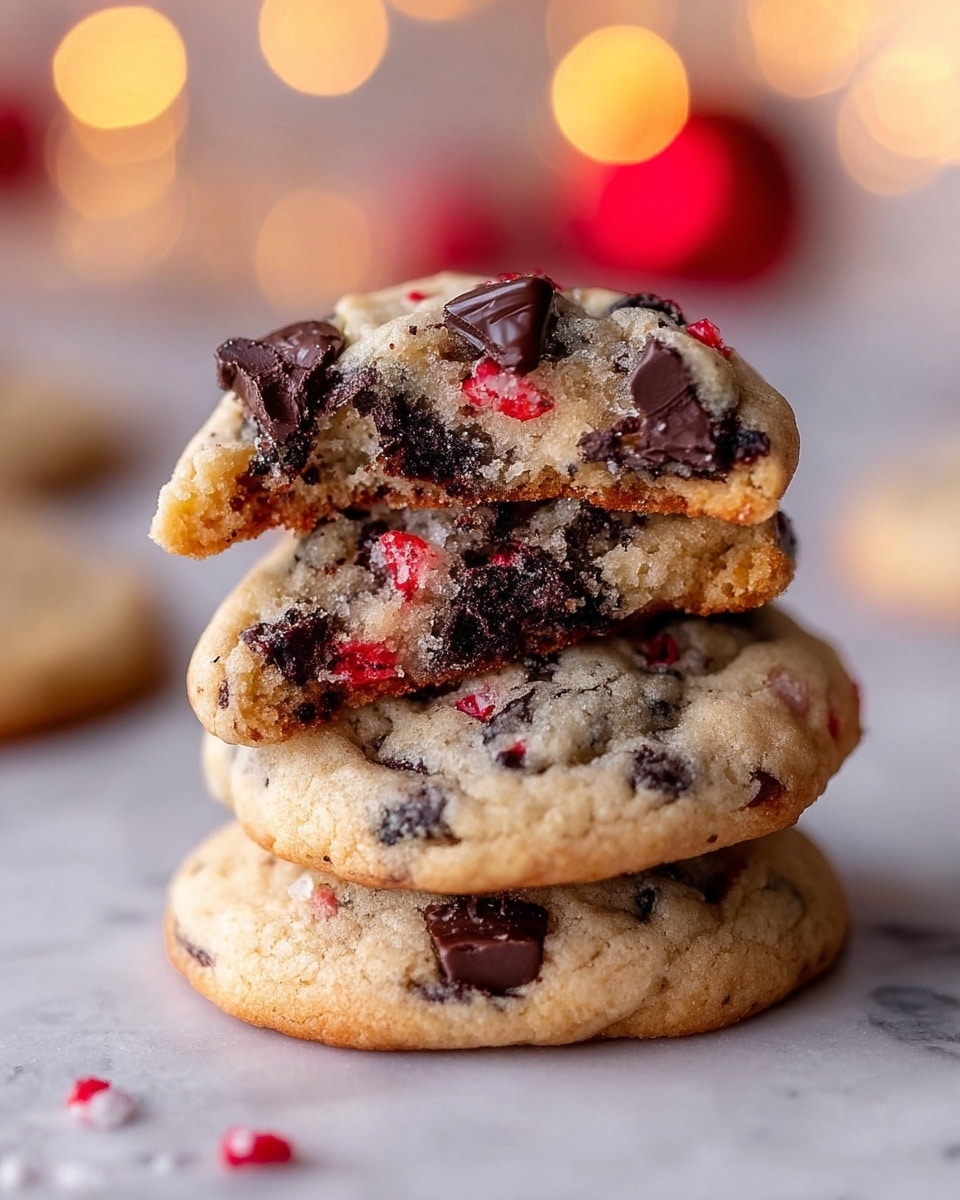 A stack of three thick cookies sits on a white marbled surface. The bottom two cookies have a light golden color with dark chocolate chips scattered throughout them. The top cookie is broken in half, showing its inside with a soft, crumbly texture and embedded dark cookie pieces along with bright red bits, possibly candy, adding contrast. The top surface of the top cookie features a whole small dark cookie pressed into the dough, creating a textured pattern on the light cookie dough. The background is softly blurred with warm lights, giving a cozy feel. photo taken with an iphone --ar 4:5 --v 7