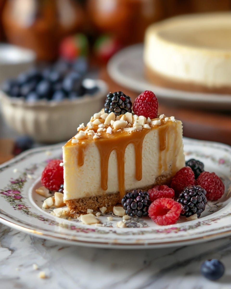 A slice of creamy cheesecake with a light brown crust sits on a white plate decorated with a floral pattern. The cheesecake has three layers: the bottom is a thin, crumbly crust; the middle is a thick, smooth pale cream layer; and the top is covered with a shiny caramel sauce that drips softly down the sides. Small pieces of chopped white nuts are scattered on top and around the slice. Fresh raspberries and blackberries surround the cheesecake slice on the plate. In the background, the rest of the cheesecake without the slice is visible on a white plate, with a bowl of blueberries nearby. The setting is on a wooden table with blurred, warm tones behind, all placed on a white marbled texture. Photo taken with an iphone --ar 4:5 --v 7