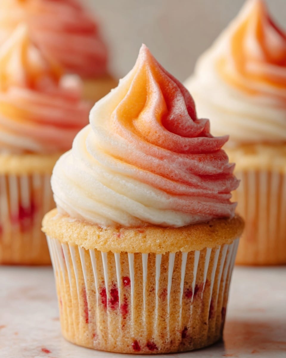 A close-up of three cupcakes is shown, each with three layers. The base layer is a light golden brown cupcake with small bits of red fruit visible inside. The middle layer features a swirl of creamy white frosting topped with a soft gradient swirl of pink and peach-colored frosting, forming a delicate peak. The background is a white marbled texture, making the colors of the cupcakes stand out. The image has bright, natural lighting and a soft focus on the cupcake in front. Photo taken with an iphone --ar 4:5 --v 7