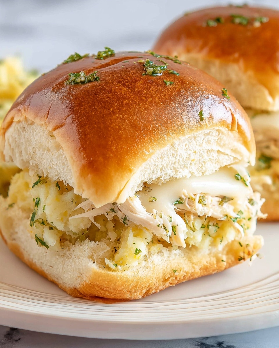 A close-up view of a soft sandwich bun with a shiny golden brown top sprinkled with green herbs and small bits of garlic, revealing its fluffy white interior where the bite is taken. Inside, there are layers of light shredded chicken, bright green pesto sauce, and creamy melted cheese with a slightly gooey texture. The sandwich sits on a white plate with subtle ridges around the edge, placed on a white marbled surface. The background is softly blurred showing another similar sandwich. Photo taken with an iphone --ar 4:5 --v 7