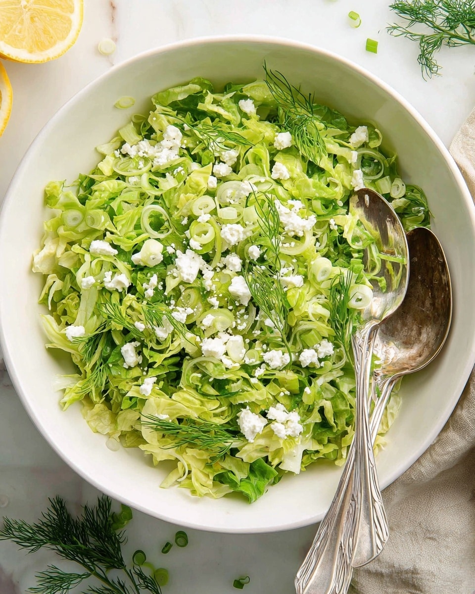 The image shows a fresh green salad in a white bowl, layered with chopped dark and light green lettuce leaves at the base, followed by scattered slices of light green spring onions and small sprigs of delicate dill. On top, there are uneven crumbles of white feta cheese adding contrast. A silver fork and spoon rest inside the bowl on the right side. The bowl sits on a white marbled surface with fresh dill sprigs and a lemon half nearby, along with a wooden bowl of coarse salt and a green cloth napkin partially visible on the left. Photo taken with an iphone --ar 4:5 --v 7