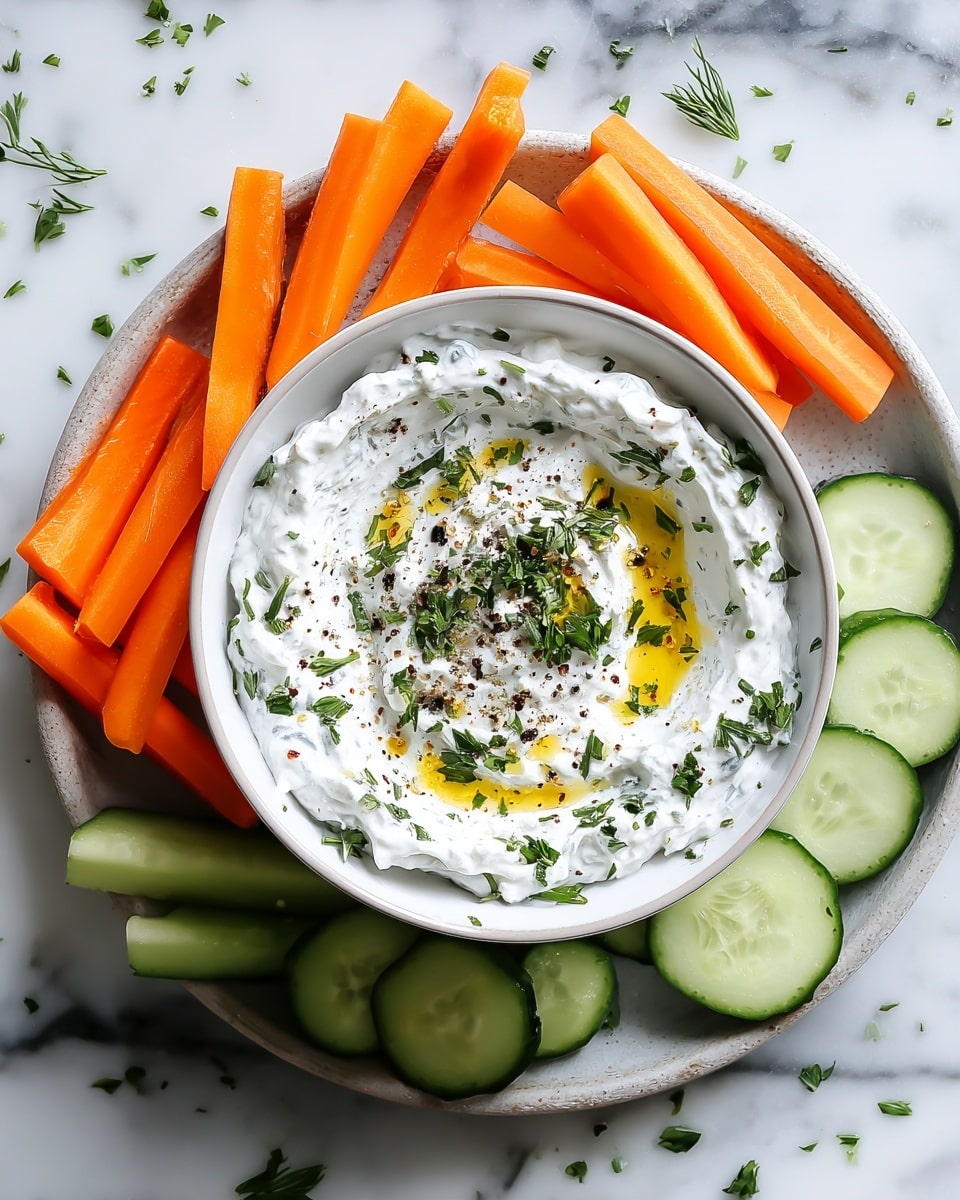 A small rustic bowl filled with thick white creamy dip, topped with fresh green herbs like dill and parsley, black pepper, and a drizzle of olive oil at the center. The bowl sits on a white round plate surrounded by stick-shaped bright orange carrot sticks on the upper half, pale green cucumber sticks on the left half, and several cucumber slices on the right half. Small green herb pieces and black pepper flakes are scattered lightly on the plate and white marbled surface beneath. photo taken with an iphone --ar 4:5 --v 7