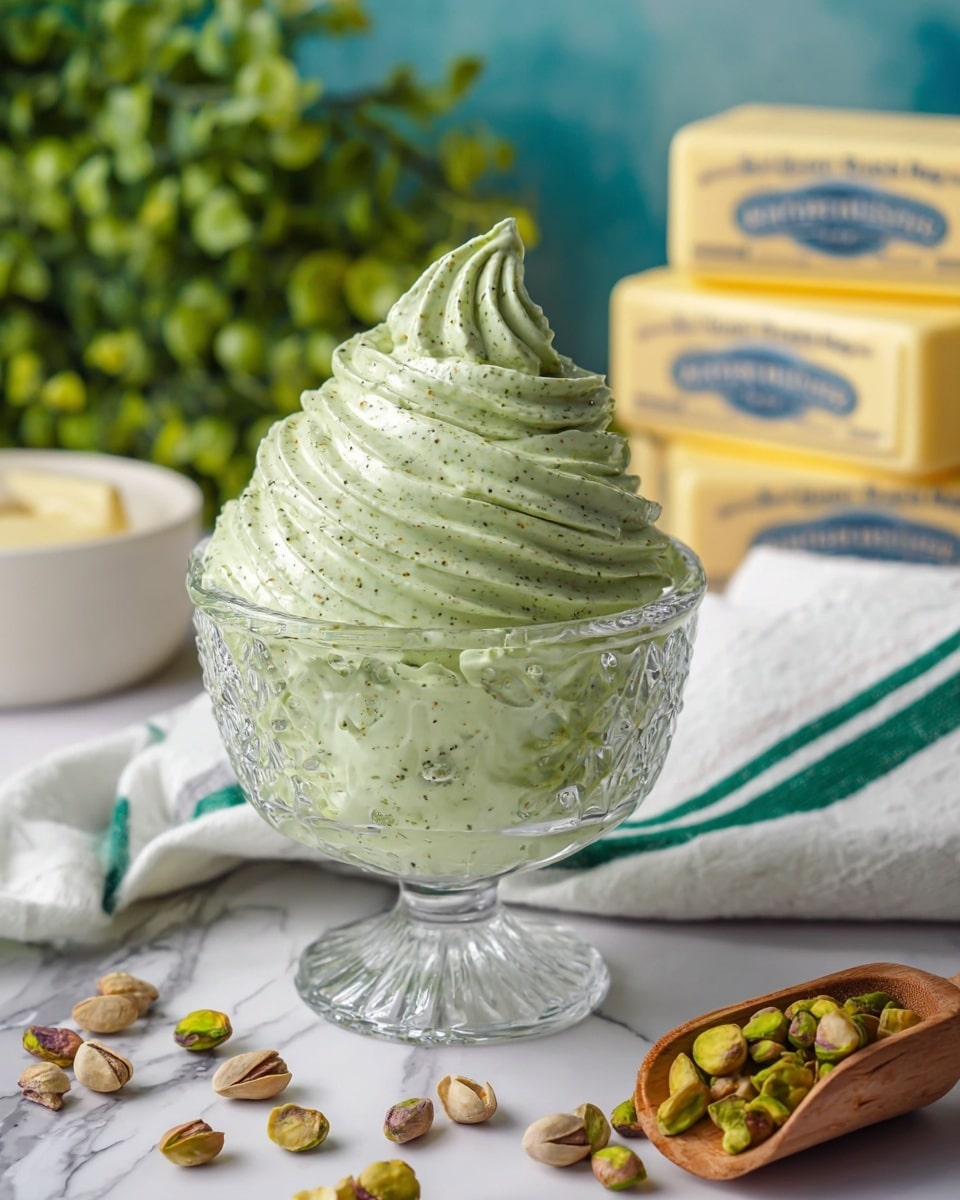 A thick, creamy light green mousse with small bits inside is swirled in a tall, textured clear glass bowl, rising in soft peaks. The mousse has a smooth but textured surface that looks rich and fluffy. The bowl sits on a white marbled table with scattered pistachios spilling from a small wooden scoop in front. Behind the bowl, there are butter sticks wrapped in paper and a green leafy plant adding a natural touch. A green and white striped cloth is casually placed beside the bowl, enhancing the fresh and inviting atmosphere. Photo taken with an iphone --ar 4:5 --v 7