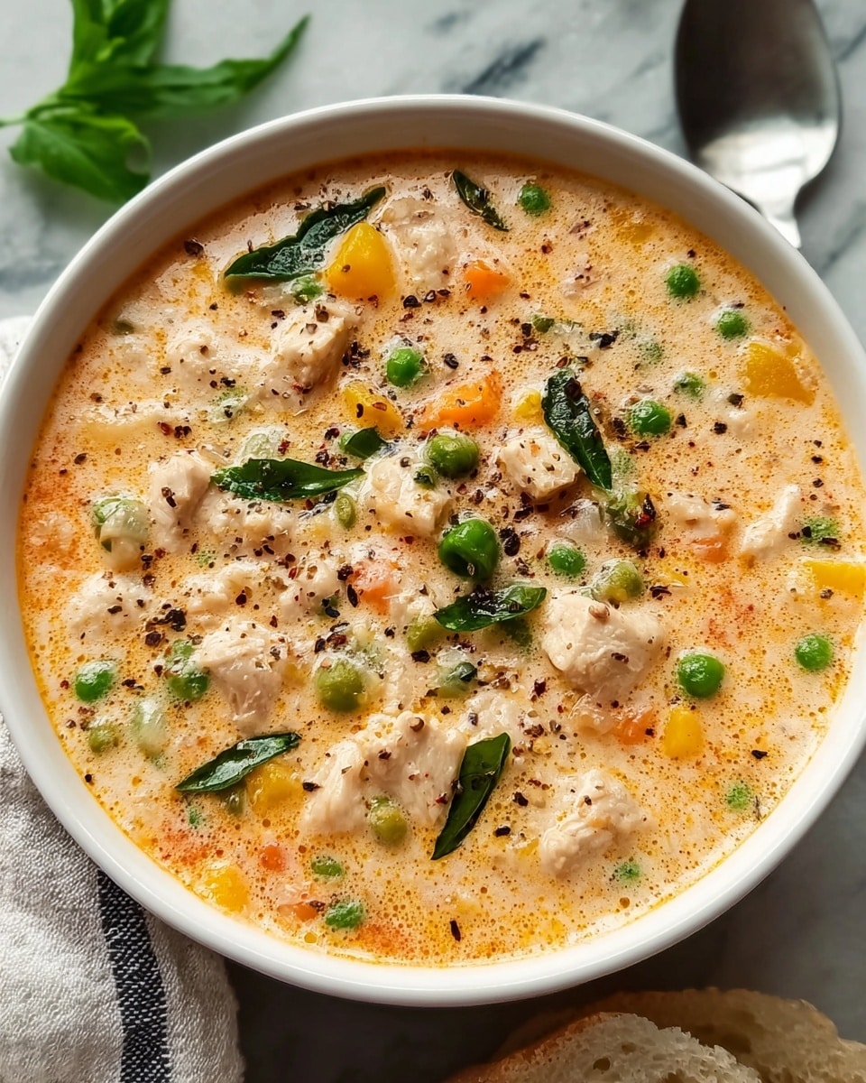 The image shows a bowl of creamy soup with several visible layers and ingredients. The base layer is a rich, light orange creamy broth with a smooth texture mixed with small chunks of white meat. Scattered throughout are bright green peas and small pieces of yellow and orange vegetables, adding pops of color. Fresh dark green leaves, likely herbs, are placed on the surface, giving a fresh look. The top is sprinkled with black pepper, contrasting against the creamy background. The bowl is white and set on a white marbled surface with a cloth and a piece of light yellow bread visible nearby. Photo taken with an iphone --ar 4:5 --v 7