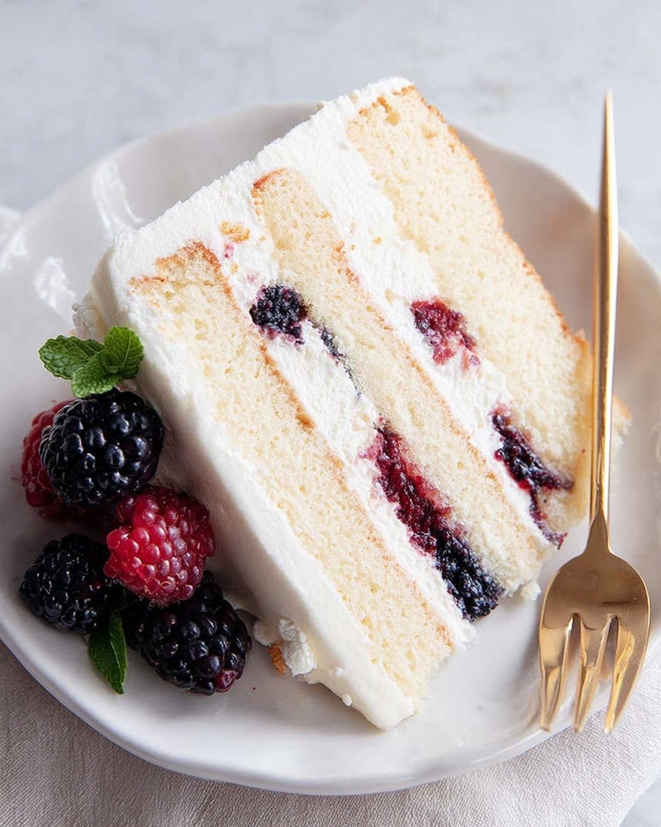 A slice of three-layer light yellow sponge cake with cream and mixed berries between each layer and on the side; the cream is white and fluffy, with visible blackberries, raspberries, and blueberries embedded and decorating the cake; the slice is placed on a white plate with a scalloped edge, beside a gold fork, all set on a white marbled surface; slight crumbs and cream smudges add a natural touch. photo taken with an iphone --ar 4:5 --v 7