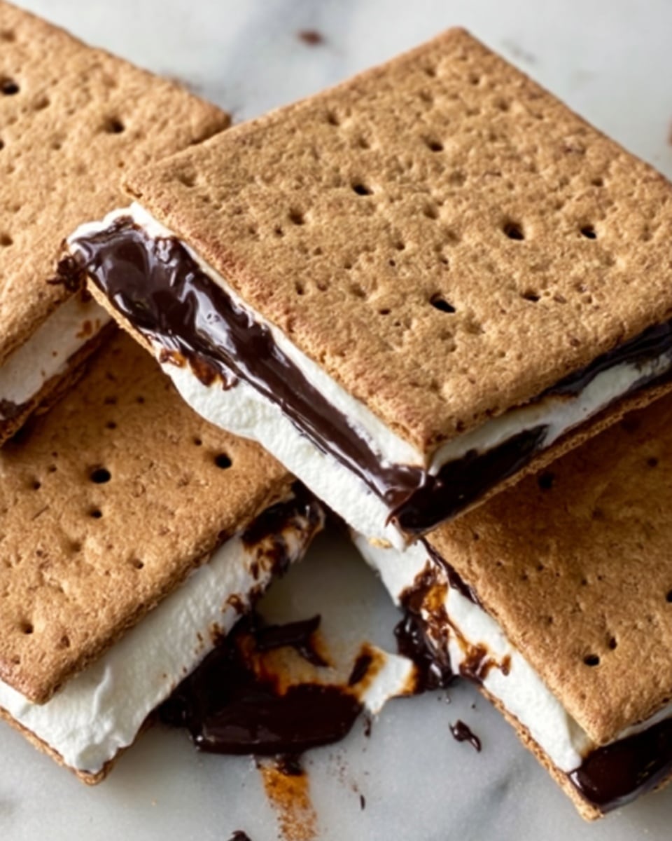 The image shows four large square s'mores tightly placed together on a white marbled surface. Each s'more has three visible layers: a golden-brown toasted top layer with small, even holes; a middle layer of melting white marshmallow mixed with glossy dark brown melted chocolate, oozing slightly at the edges; and a bottom layer matching the top in color and texture, slightly visible beneath the gooey filling. The s'mores' edges are slightly melting and the texture looks soft and gooey with a crispy crust on top. photo taken with an iphone --ar 4:5 --v 7