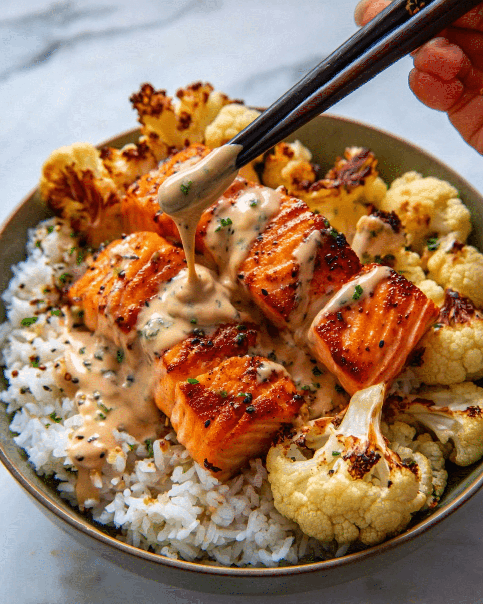 The image shows a close-up of a bowl with three layers: the bottom layer is white rice with a soft, fluffy texture, the middle layer is roasted cauliflower pieces that are light golden with some charred spots, and the top layer is grilled salmon chunks that are orange with dark grill marks. A creamy sauce with a light pink color is being poured over the salmon from chopsticks held by a woman's hand above the bowl. The bowl itself is white, sitting on a white marbled surface. photo taken with an iphone --ar 4:5 --v 7