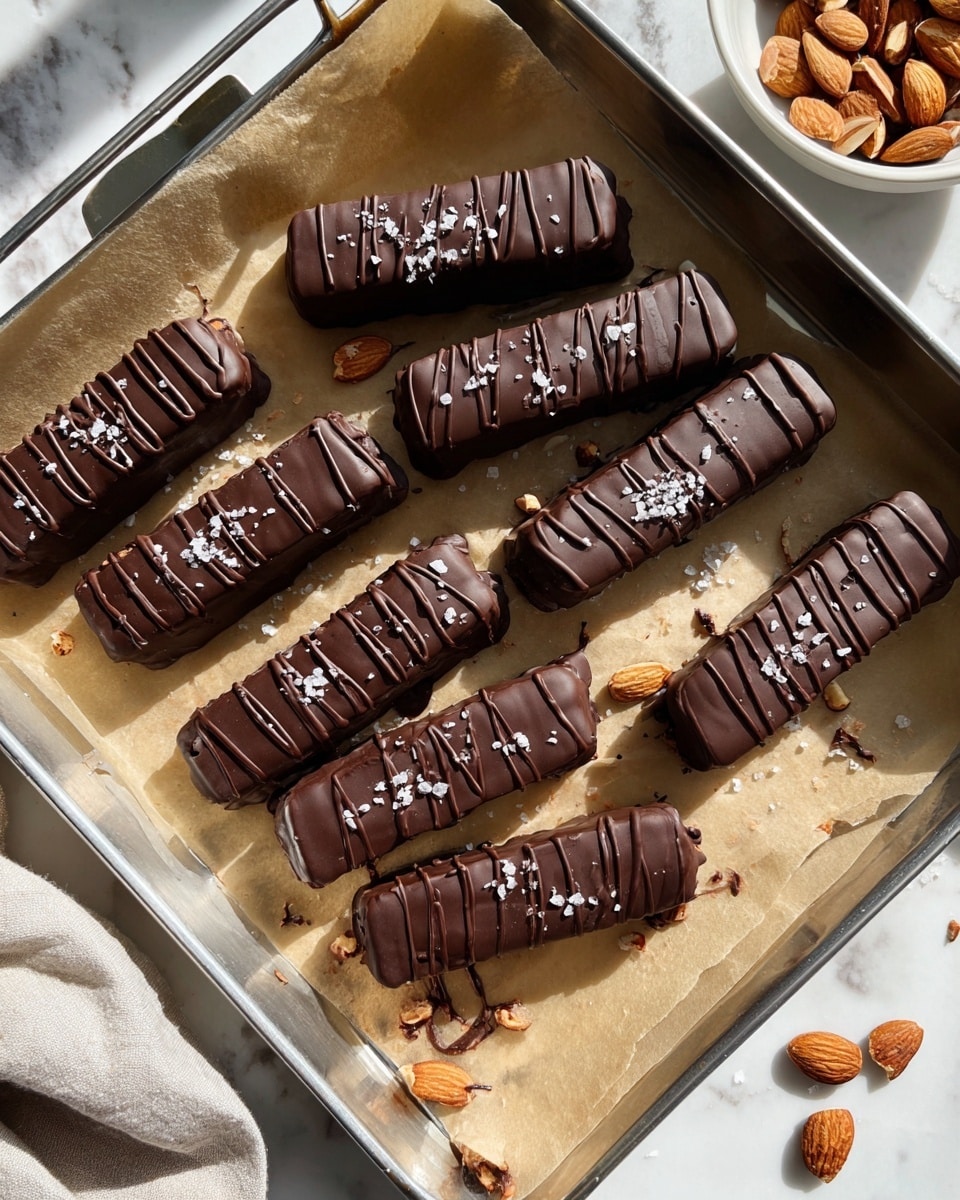 A baking tray lined with light beige parchment paper has nine chocolate bars arranged in a loose cluster, each bar covered in smooth dark chocolate and drizzled with thin lines of darker chocolate on top, sprinkled with coarse sea salt flakes. The chocolate bars are rectangular and thick, with a shiny, slightly uneven texture. Around the tray, bits of chopped almonds and whole almonds add a rough, light brown contrast. The tray is set on a white marbled surface with a small white bowl filled with chopped almonds nearby. Sunlight creates soft shadows and highlights, making the chocolate bars look rich and glossy. Photo taken with an iphone --ar 4:5 --v 7