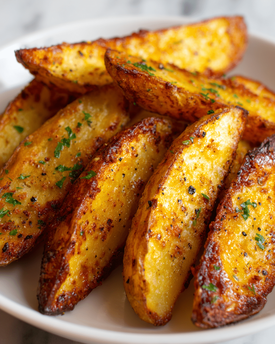 The image shows several golden brown potato wedges arranged close together on a white dish. The potato wedges have a crispy texture with some parts darker, showing a crunchy roasted look. They are sprinkled with white grated cheese and finely chopped green herbs, adding small bright green spots across the wedges. The photo is shot closely, capturing the rough surface of the wedges and the cheese texture. The white marbled background softly contrasts with the warm colors of the potato wedges. Photo taken with an iphone --ar 4:5 --v 7