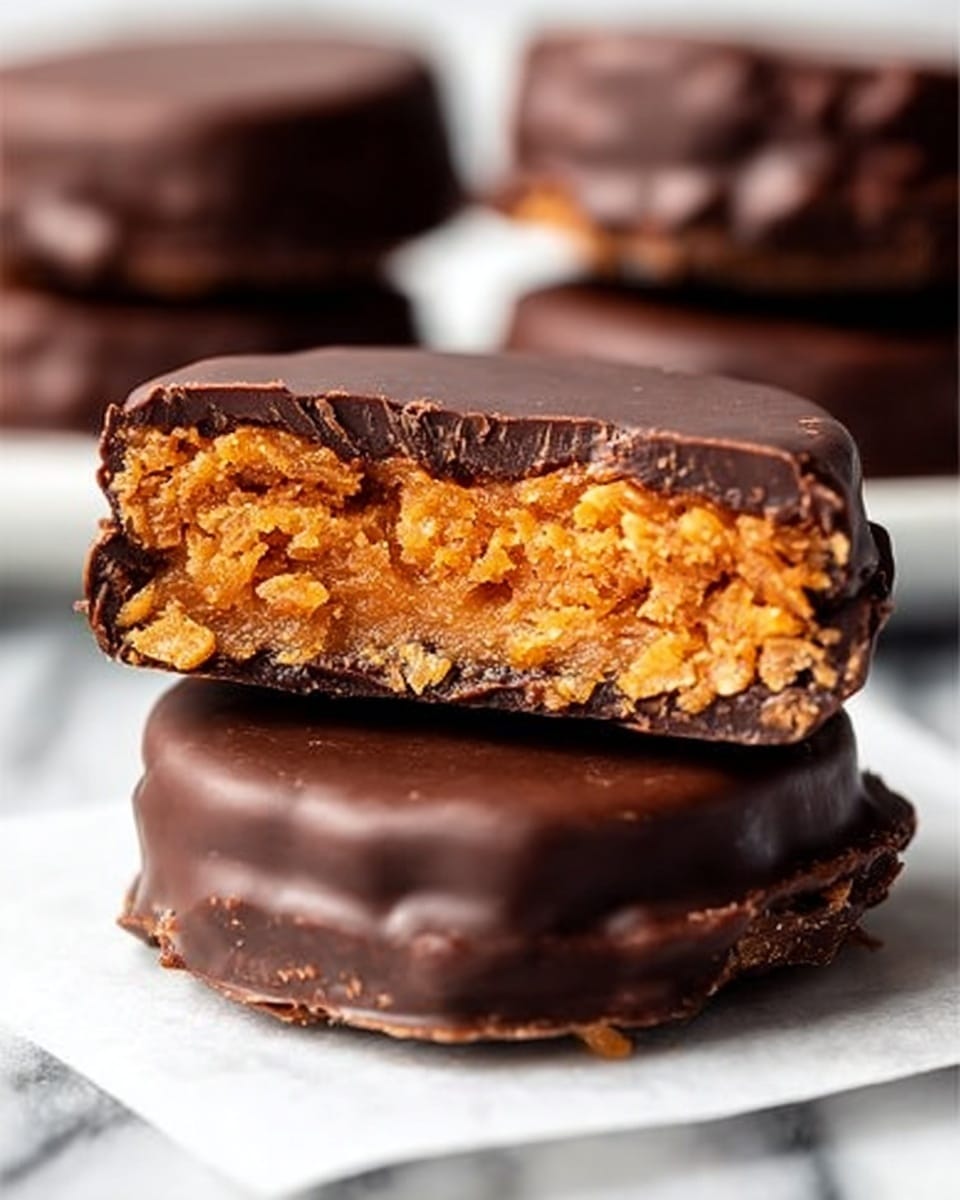 The image shows a close-up of two chocolate-covered treats stacked on a white marbled surface; the bottom piece is whole, smooth, and dark brown with a shiny chocolate coating. On top, a split treat reveals three layers: the outer layer is a thin, glossy dark chocolate shell; inside, a thick, rough-textured, golden-orange filling with small crunchy bits is visible, showing a crumbly and chewy texture. The top half rests on the bottom treat, highlighting the thick, rich filling in contrast to the smooth chocolate shell. Photo taken with an iphone --ar 4:5 --v 7