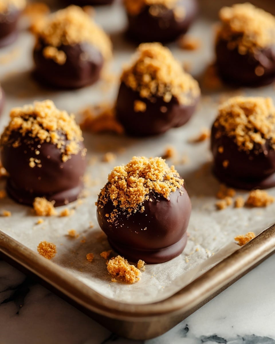 The image shows several round chocolate-covered treats arranged on a baking tray lined with parchment paper. Each treat has a smooth, dark brown chocolate layer as the base, topped with a crumbly, golden-brown streusel-like topping, creating a textured, rough surface on top. The tray is placed on a white marbled surface, and the treats are spaced evenly with some crumbs scattered around them. The focus is on the front treat with the rest softly blurred in the background, giving a warm and cozy feeling. Photo taken with an iphone --ar 4:5 --v 7